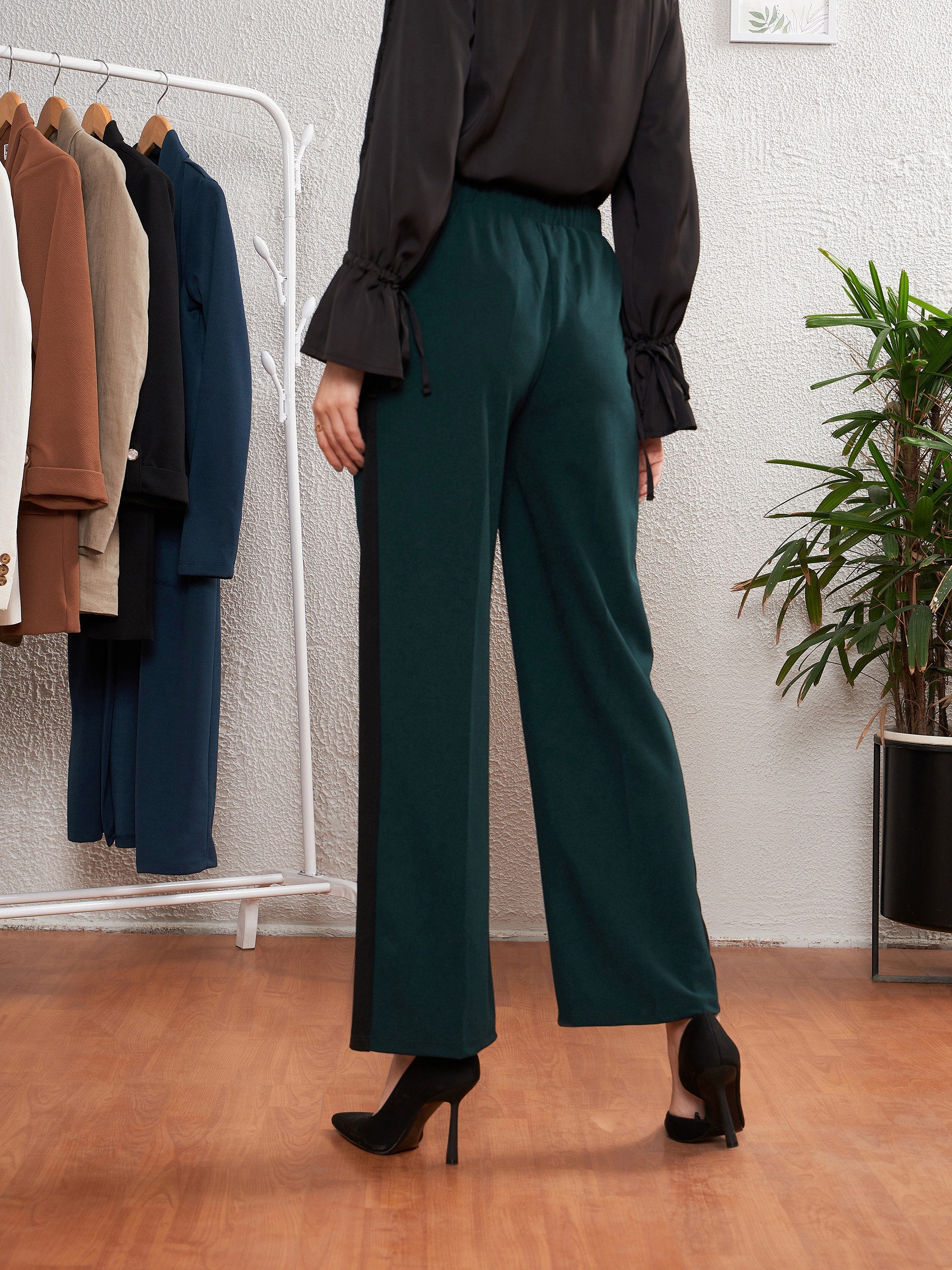 Women Emerald Green Side Tape Straight Pants - Image 5