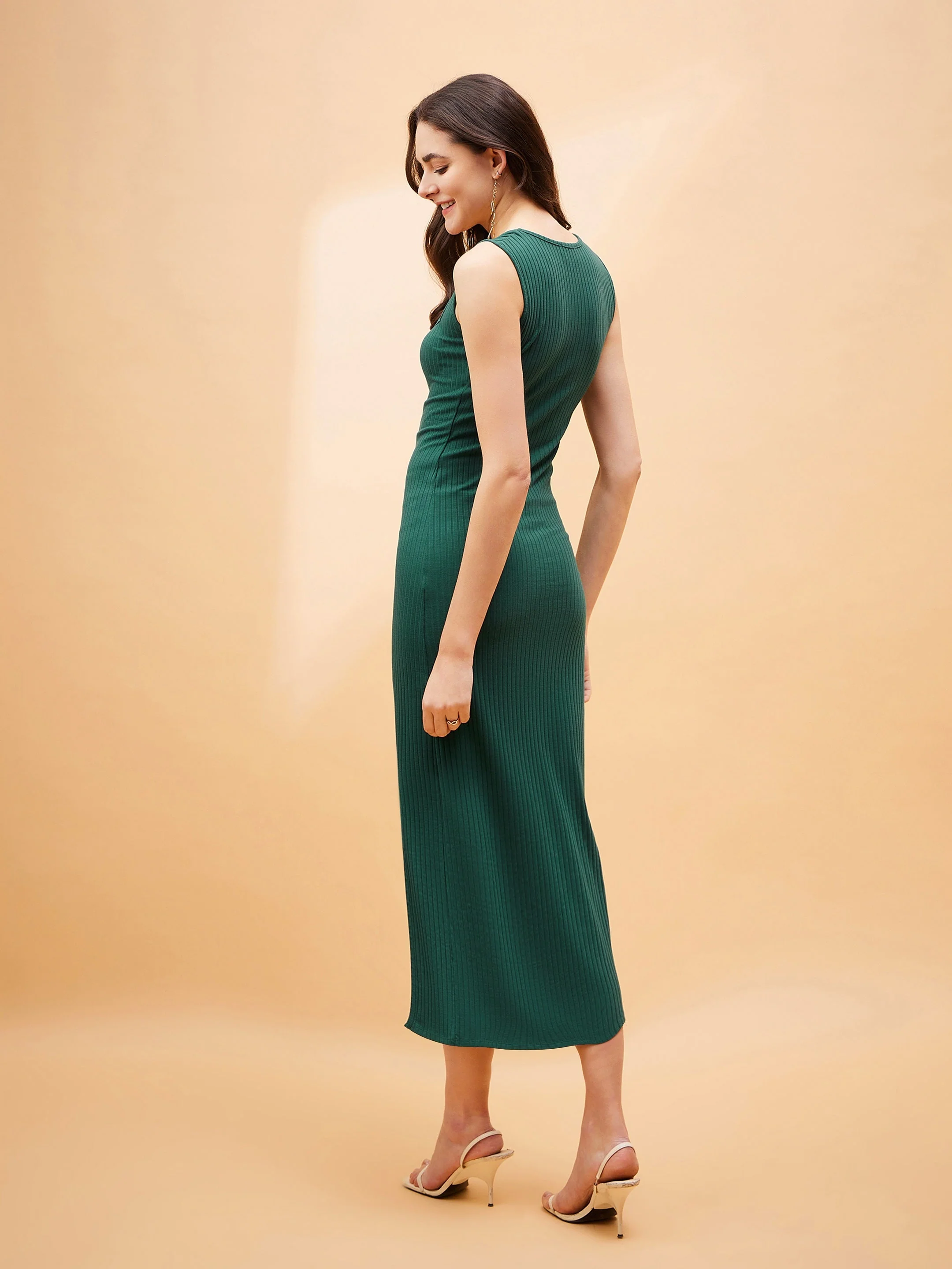 Women Emerald Green Square Neck Midi Slit Dress - Image 2