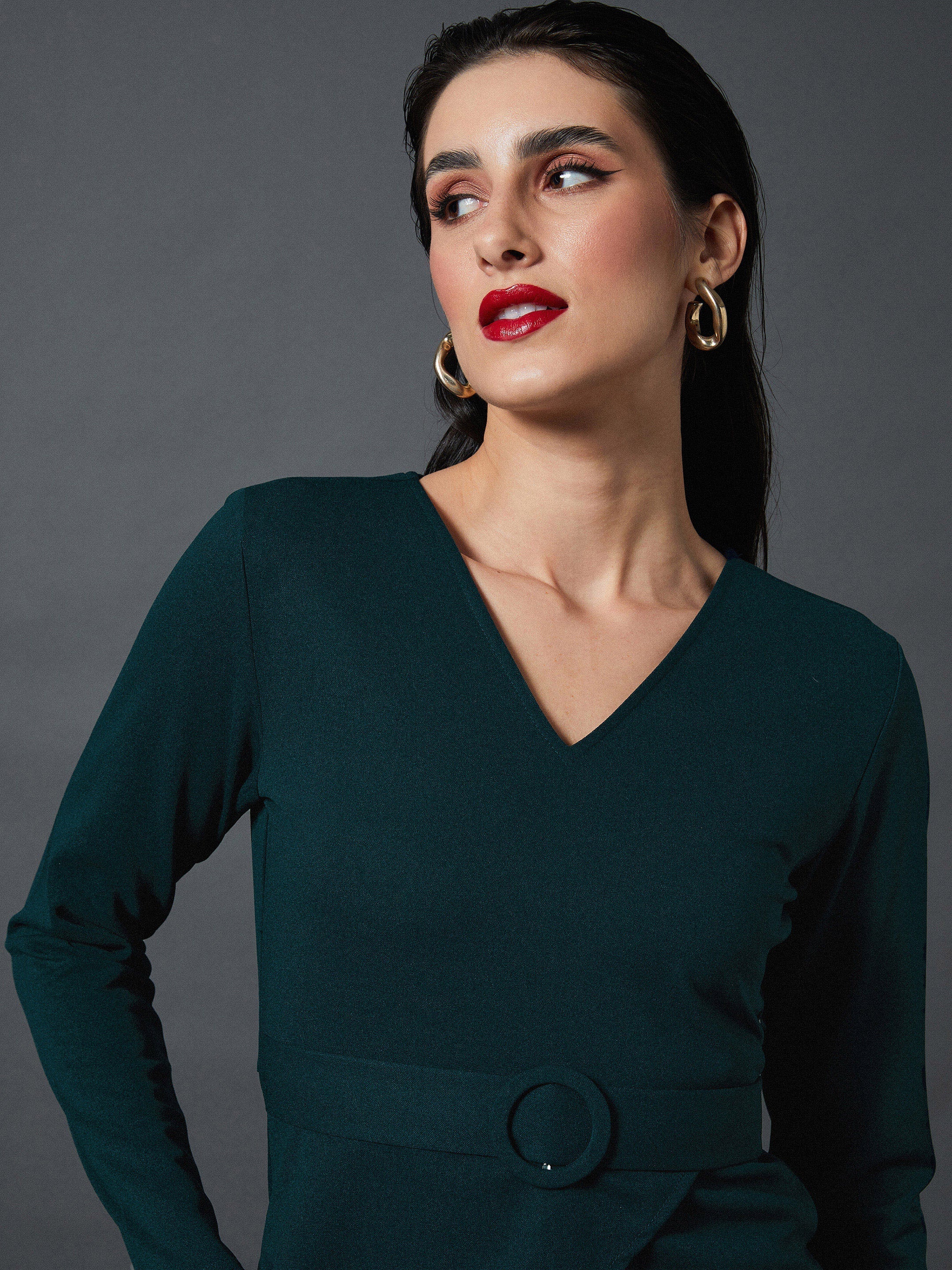 Women Emerald Peplum Bodycon Dress - Image 3