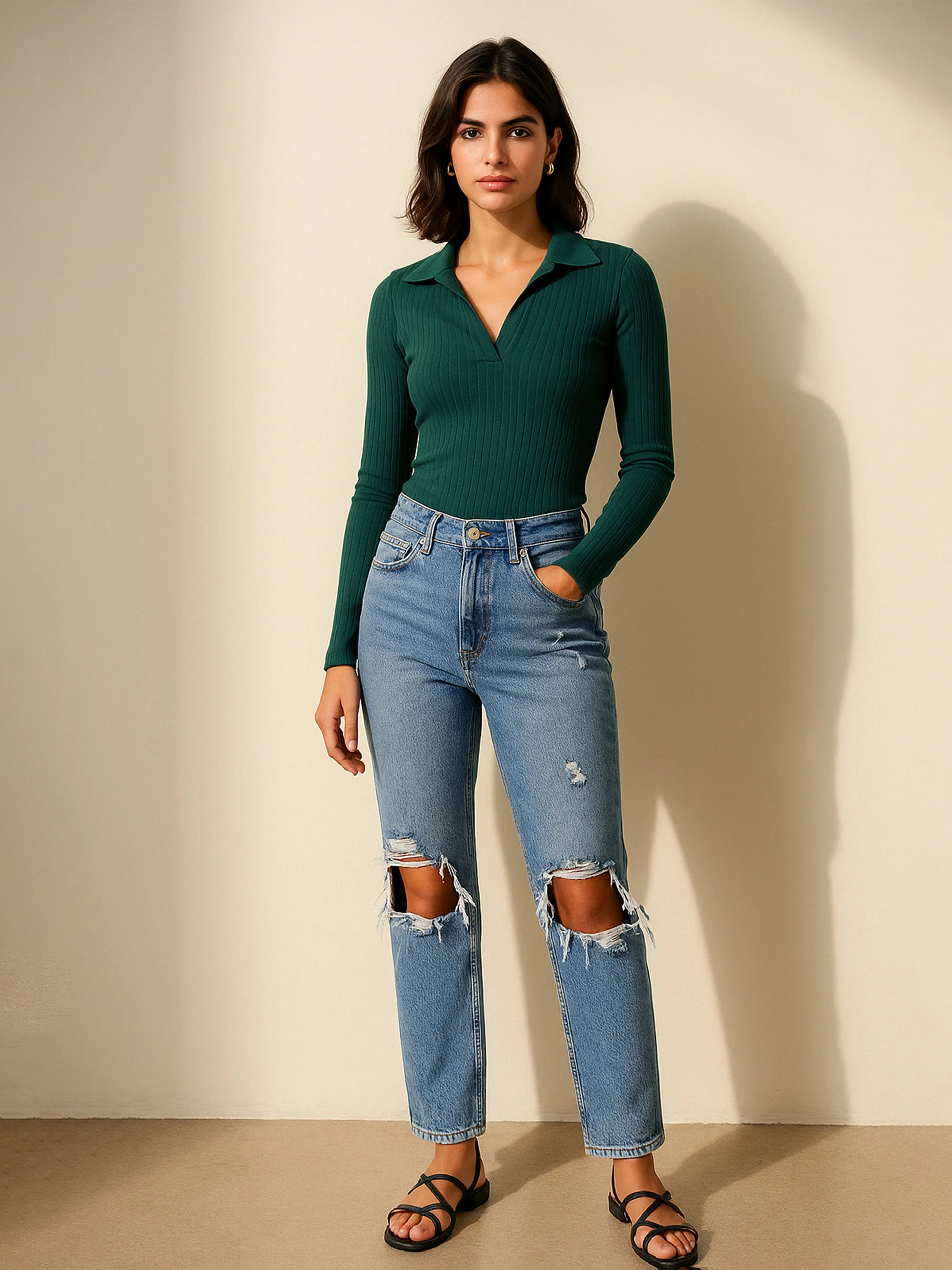Women Emerald Rib Polo Style V-Neck Neck Top - Image 2