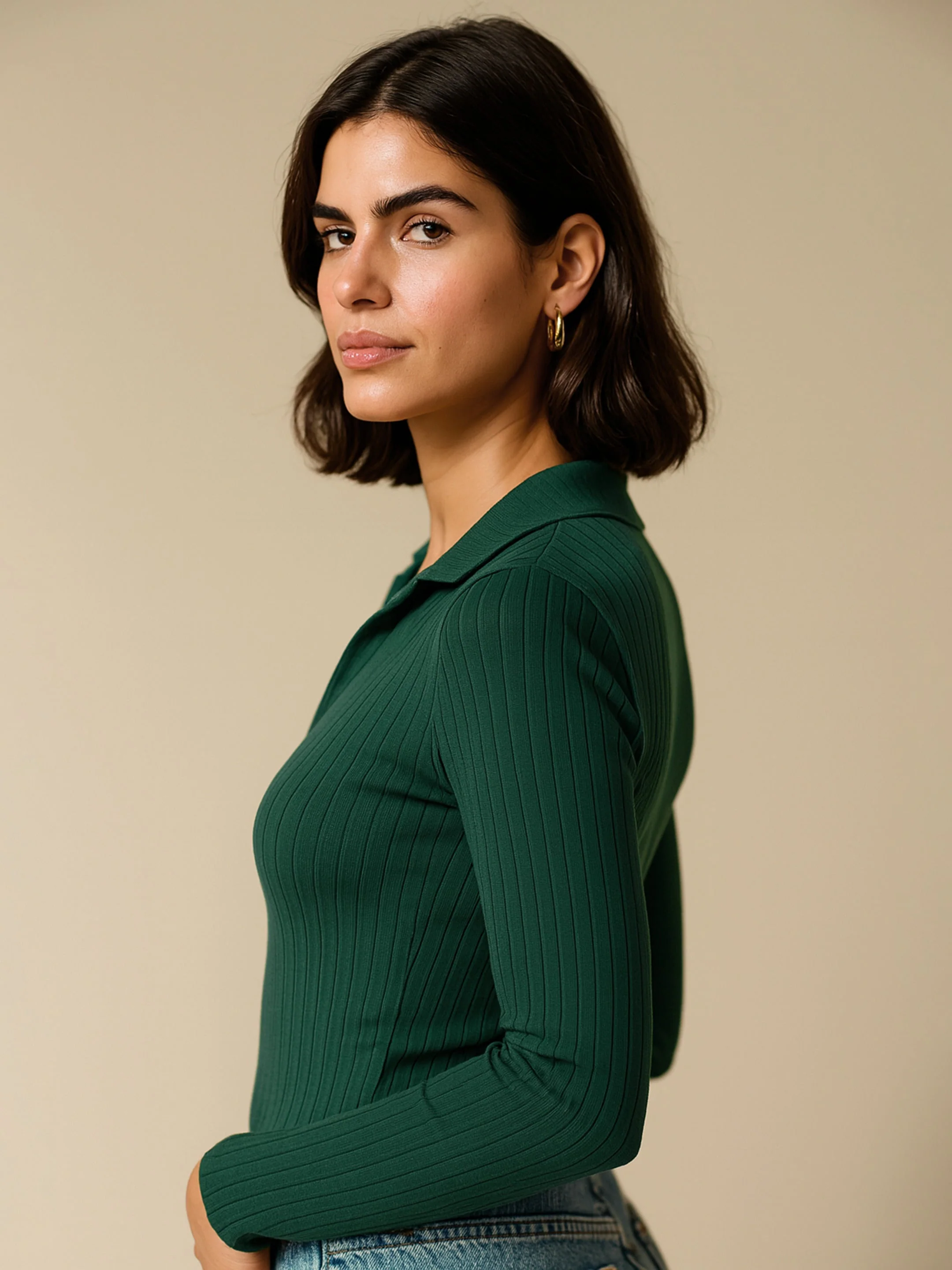 Women Emerald Rib Polo Style V-Neck Neck Top - Image 3