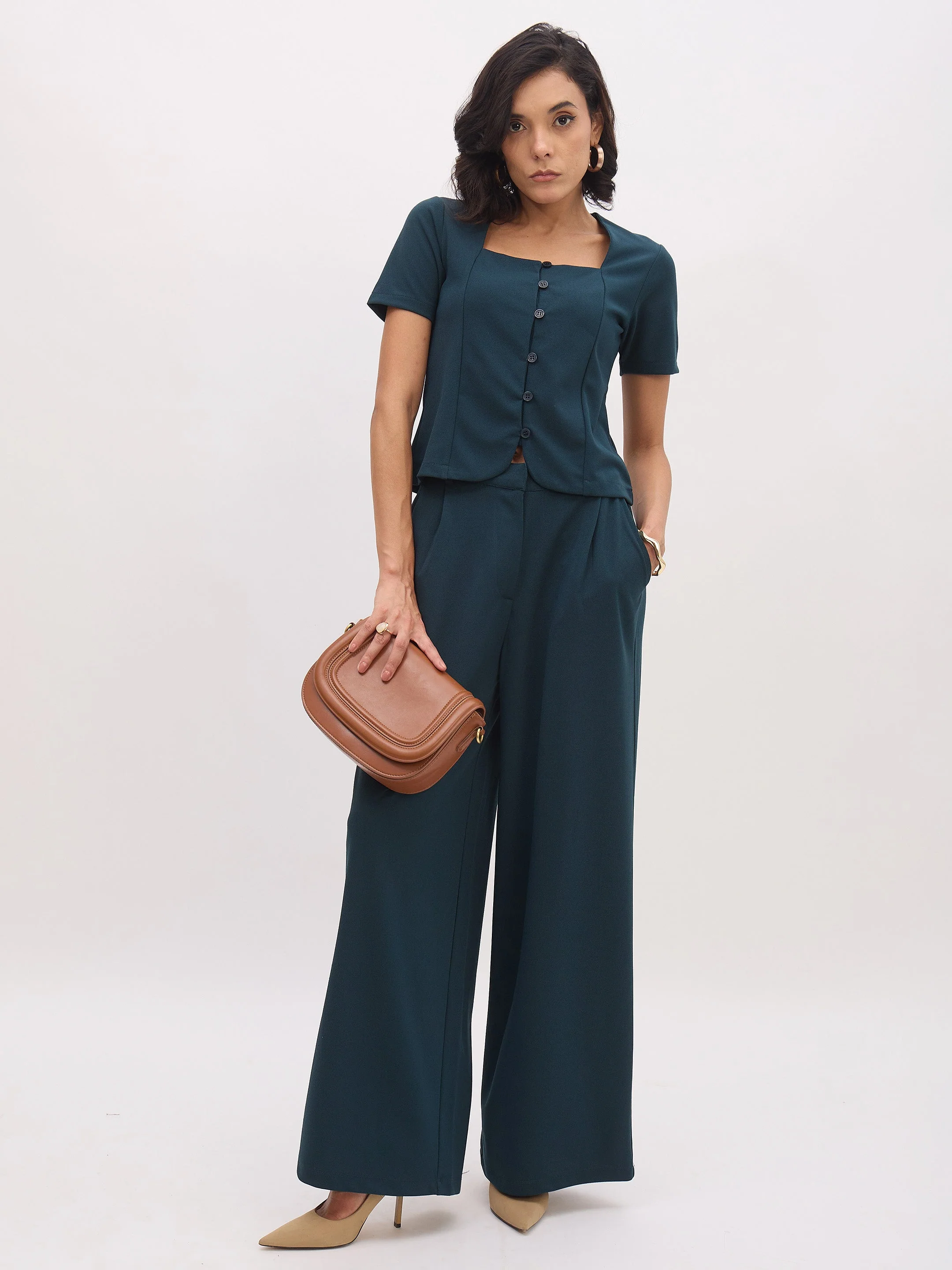 Women Emerald Square Neck Half Sleeves Button Top - Image 2