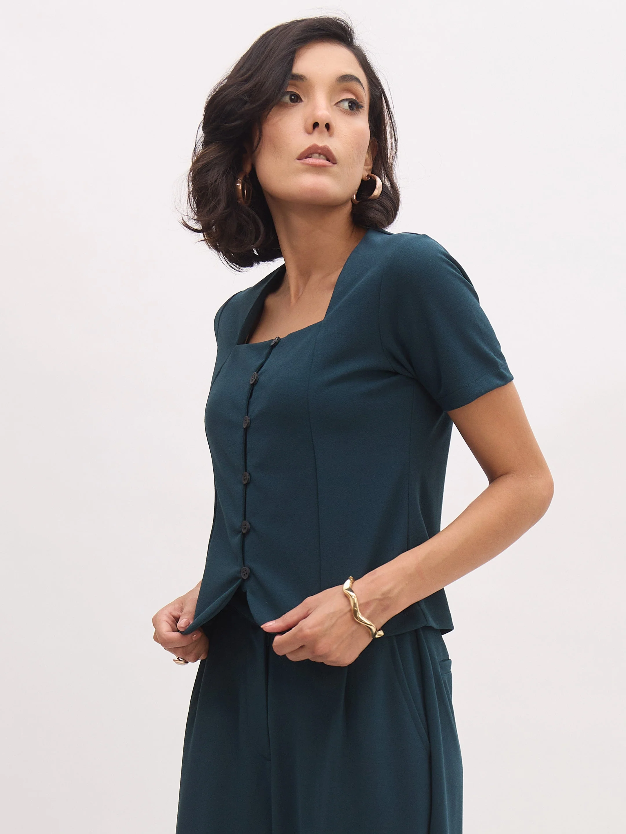 Women Emerald Square Neck Half Sleeves Button Top - Image 3