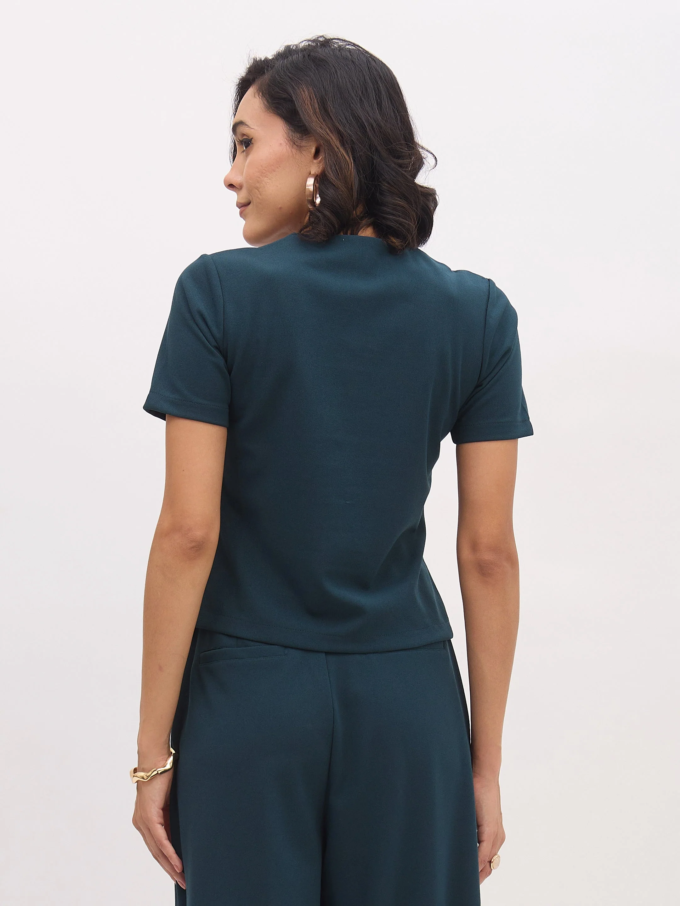 Women Emerald Square Neck Half Sleeves Button Top - Image 5