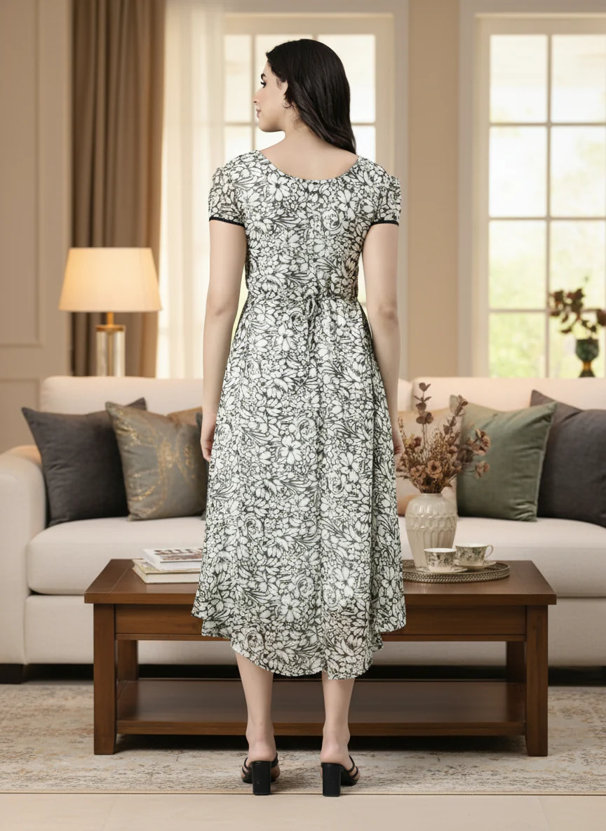 Women Floral Chiffon Flared Midi Dress - Image 6
