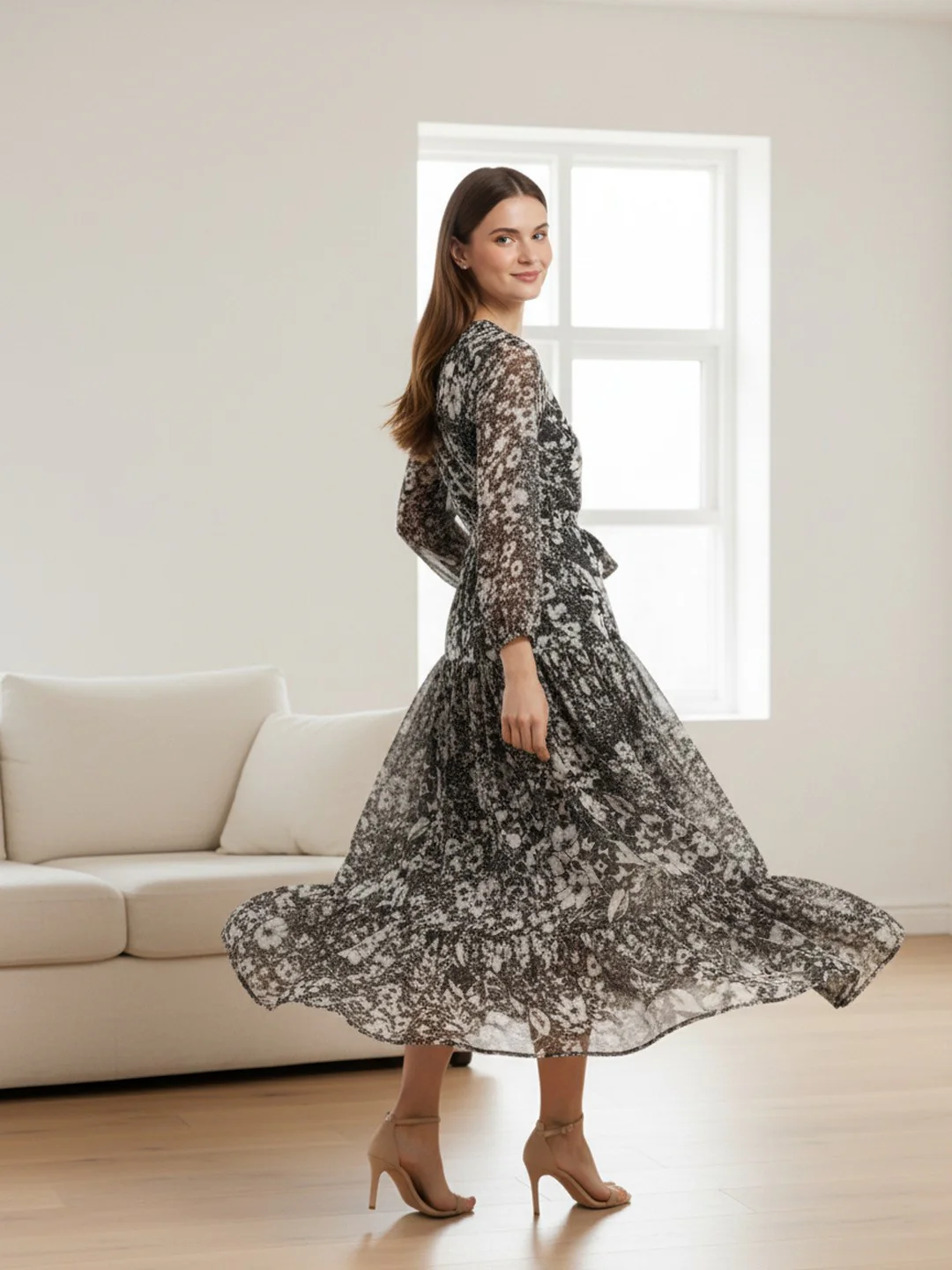 Women Floral Chiffon Flared Midi Dress - Image 3
