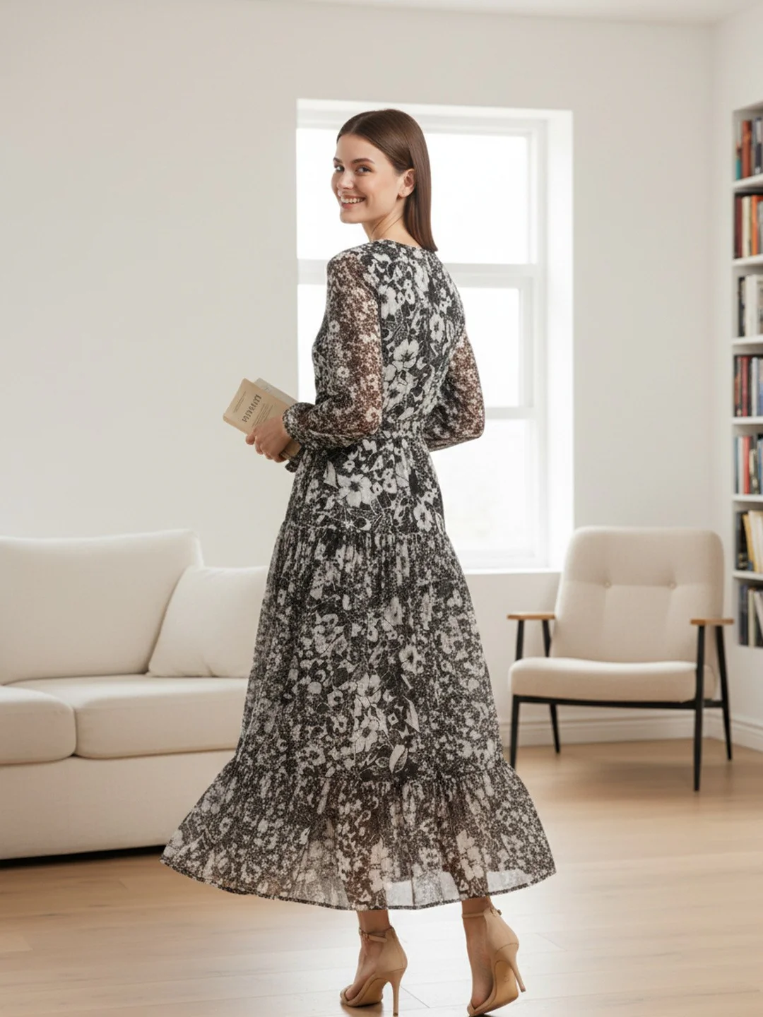 Women Floral Chiffon Flared Midi Dress - Image 4