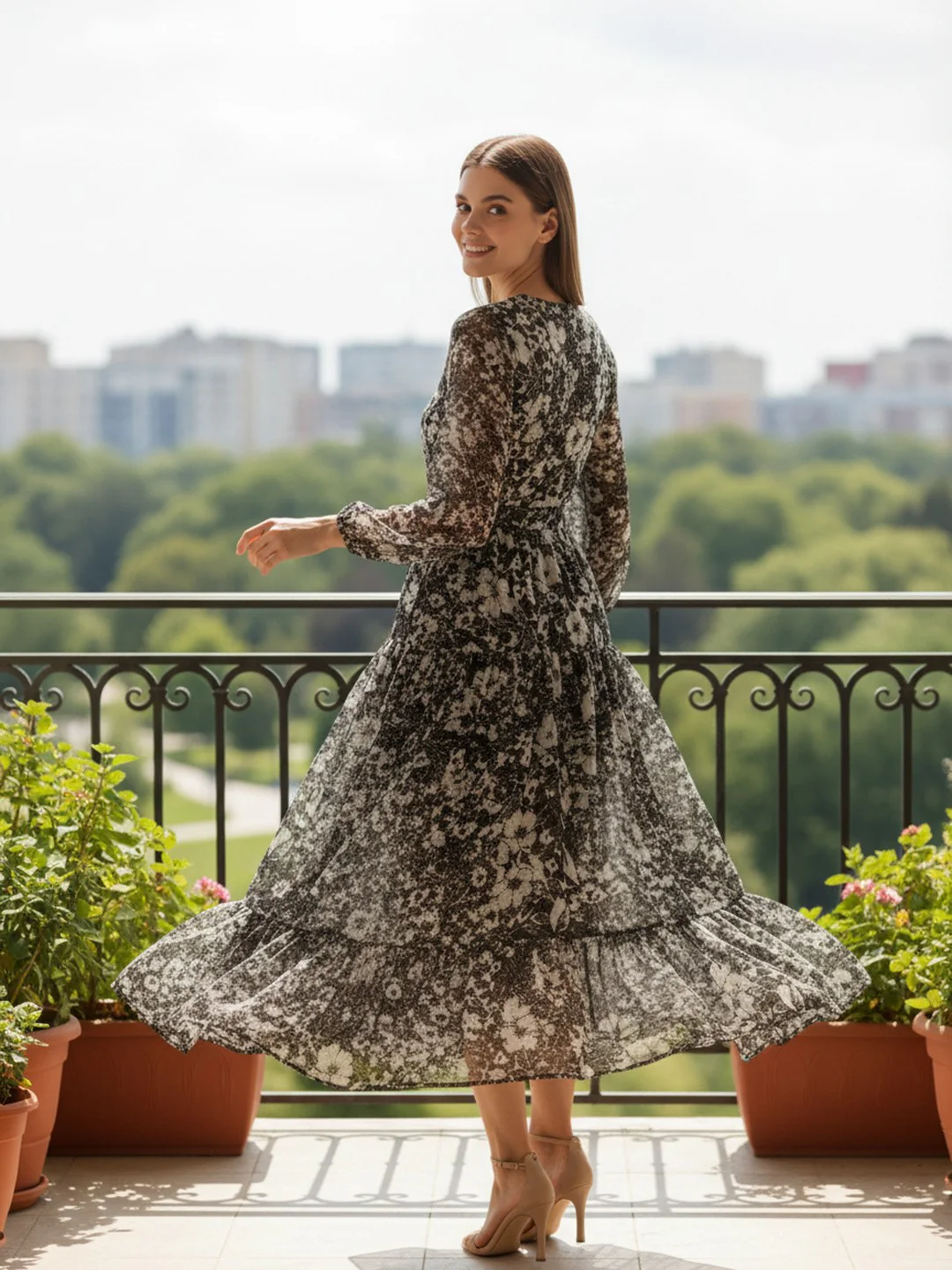 Women Floral Chiffon Flared Midi Dress - Image 5