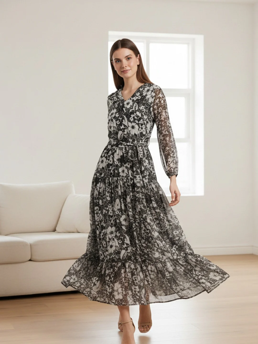 Women Floral Chiffon Flared Midi Dress - Image 6