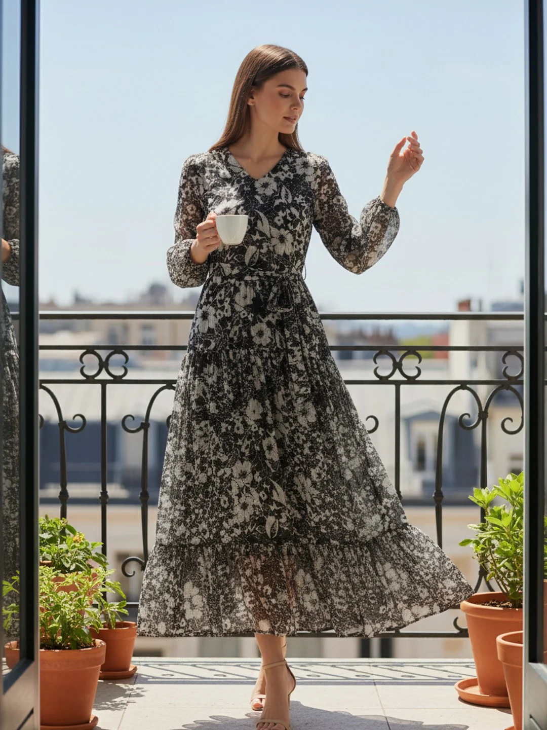 Women Floral Chiffon Flared Midi Dress - Image 7