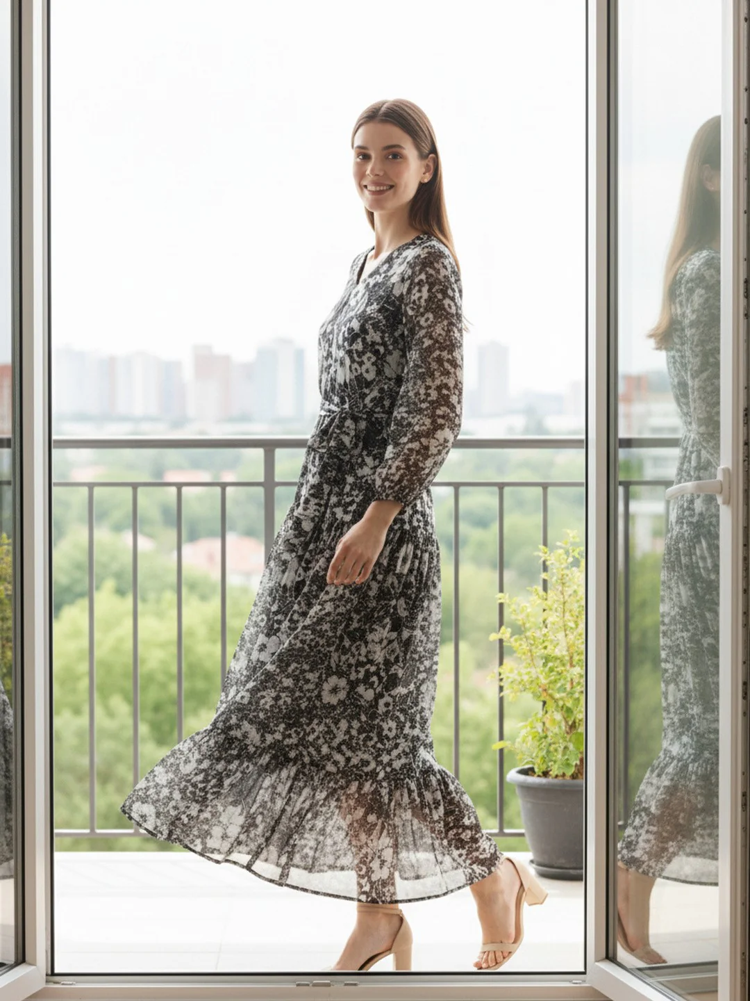 Women Floral Chiffon Flared Midi Dress - Image 8