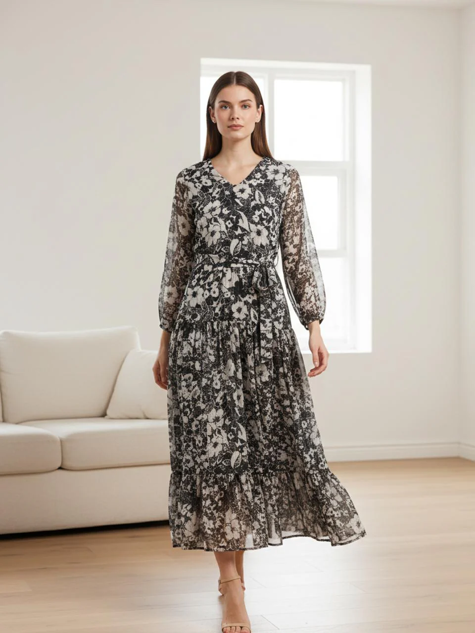 Women Floral Chiffon Flared Midi Dress - Image 9