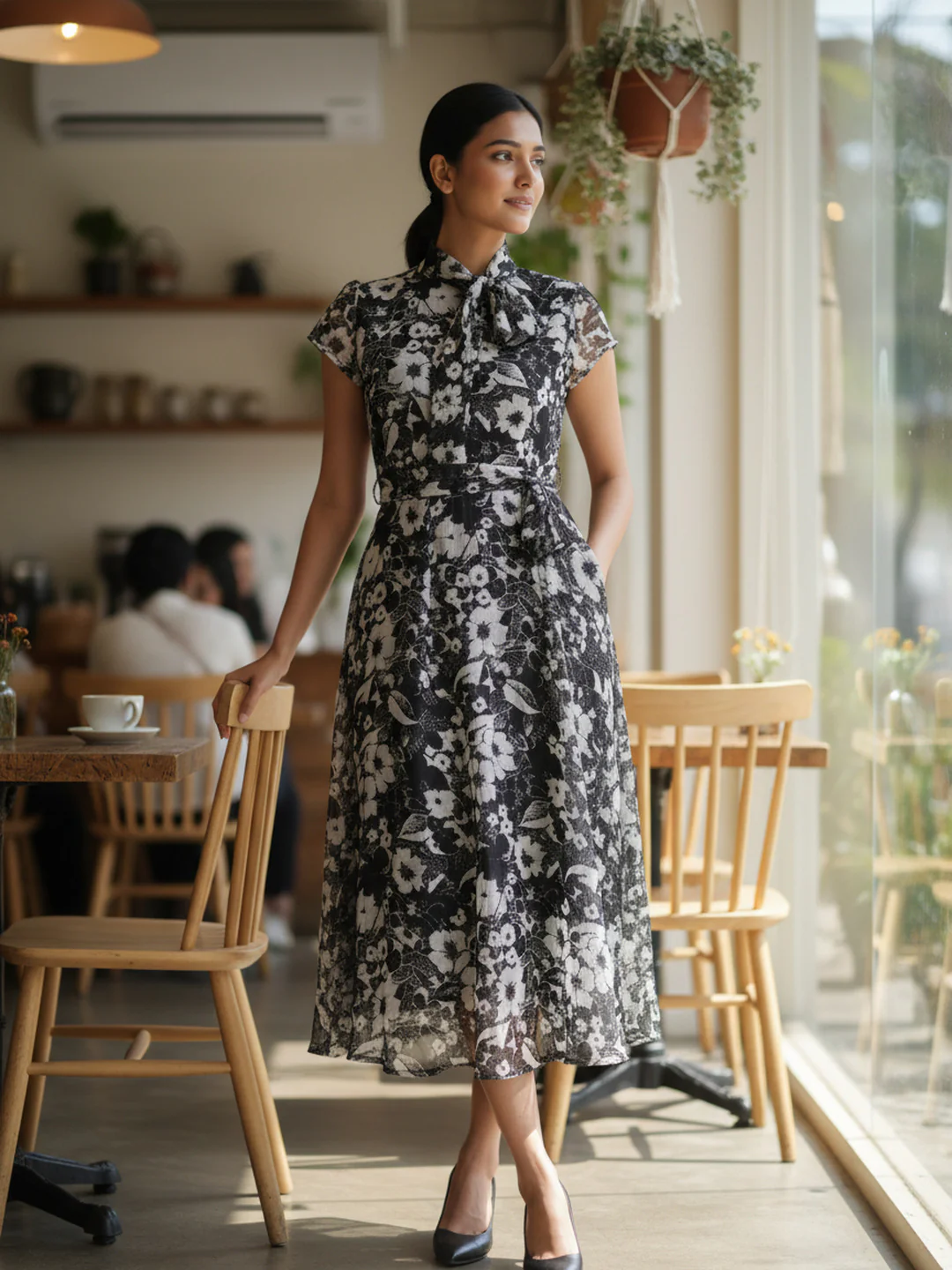 Women Floral Chiffon Flared Midi Dress - Image 2