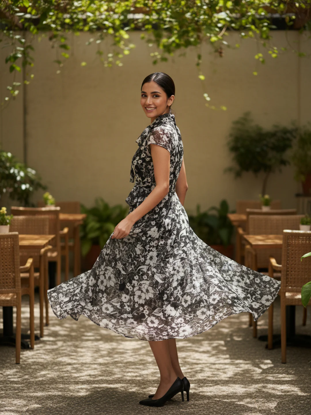 Women Floral Chiffon Flared Midi Dress - Image 3