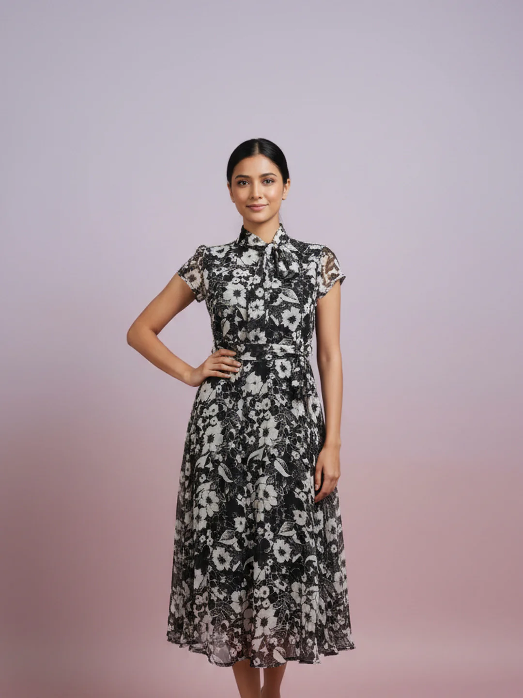 Women Floral Chiffon Flared Midi Dress - Image 4
