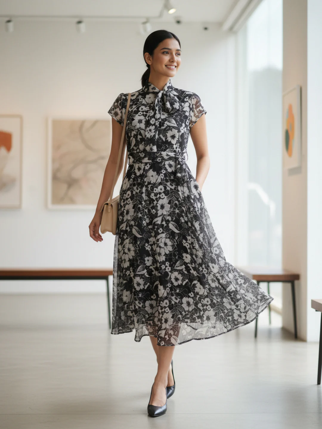 Women Floral Chiffon Flared Midi Dress - Image 5