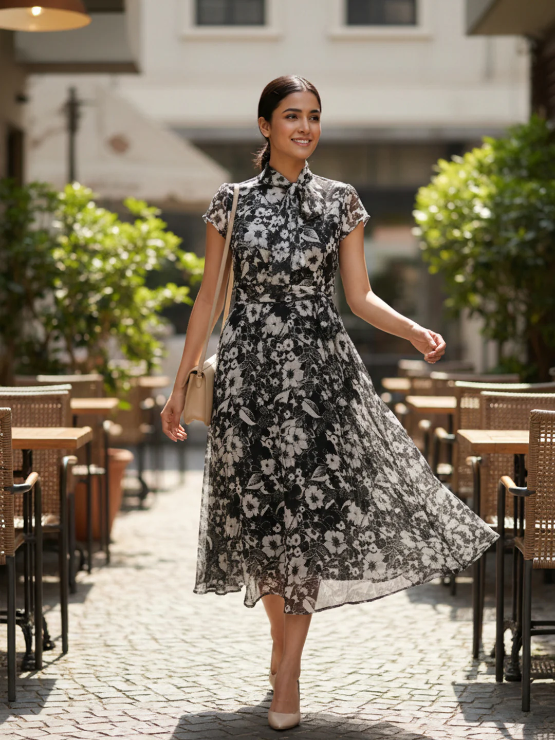 Women Floral Chiffon Flared Midi Dress - Image 6