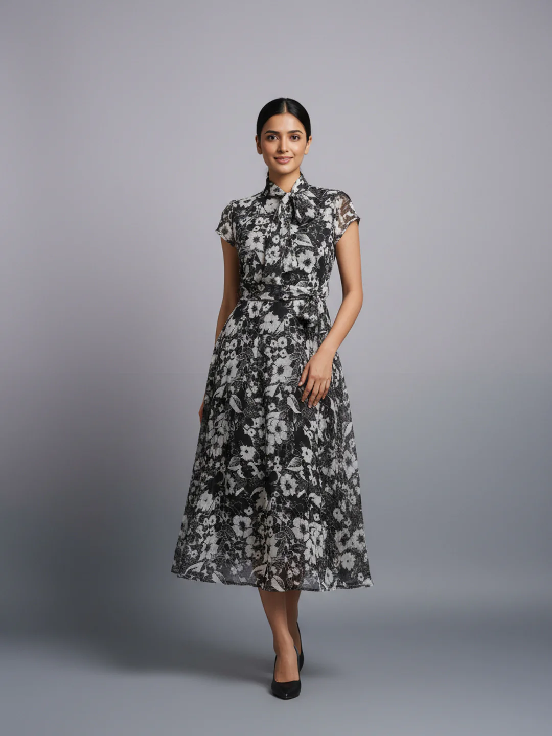Women Floral Chiffon Flared Midi Dress - Image 7