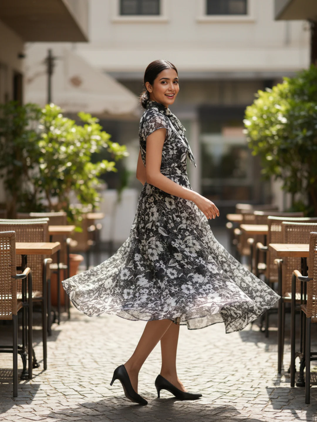 Women Floral Chiffon Flared Midi Dress - Image 8