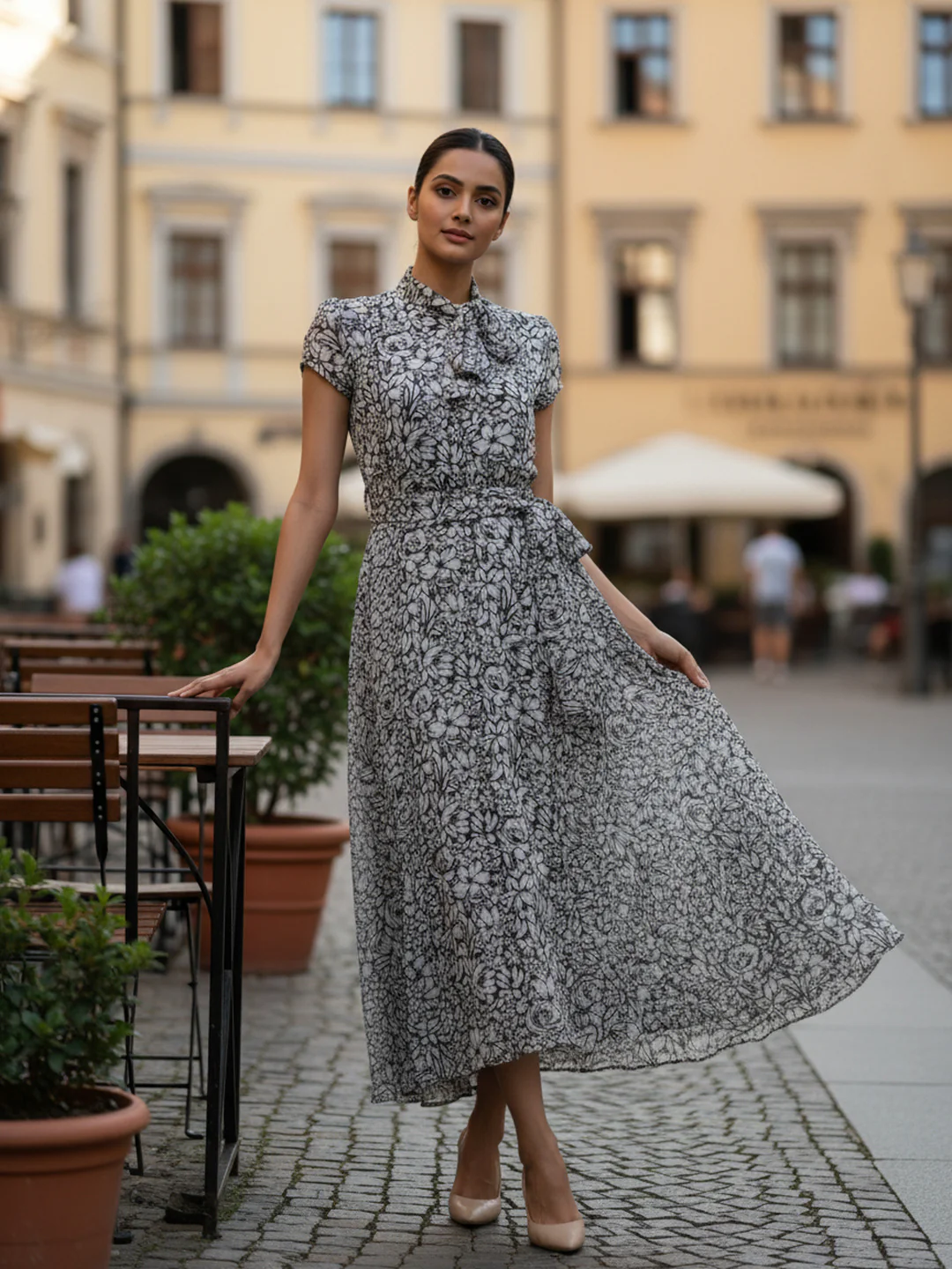 Women Floral Chiffon Flared Midi Dress - Image 2