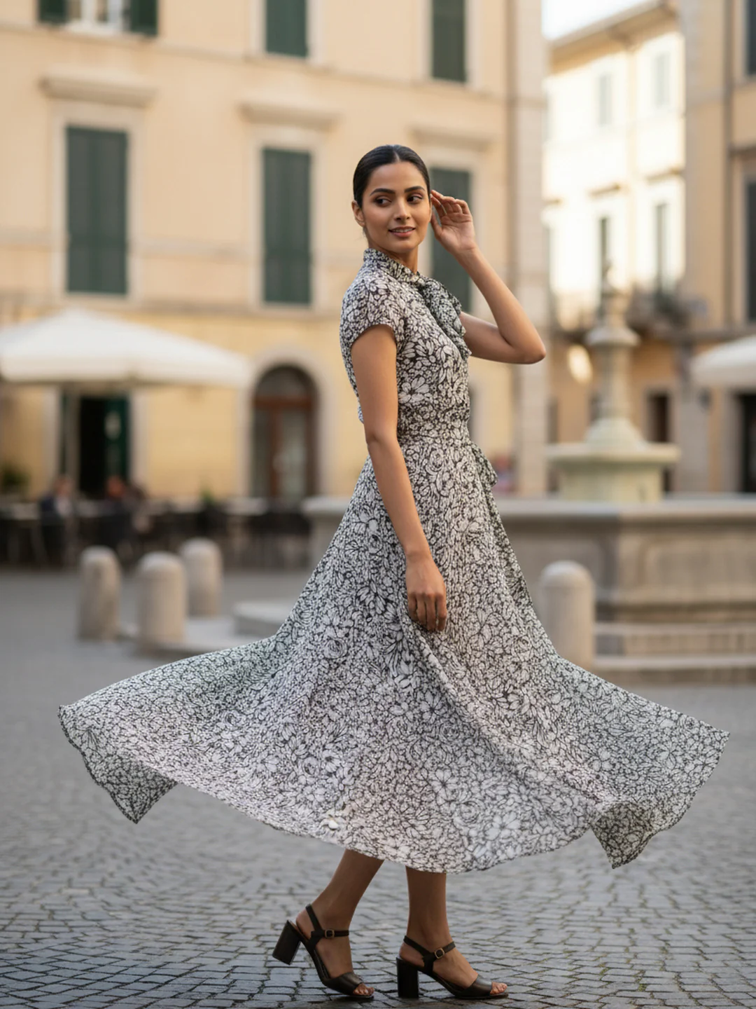 Women Floral Chiffon Flared Midi Dress - Image 3