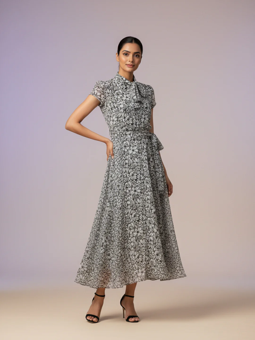 Women Floral Chiffon Flared Midi Dress - Image 7