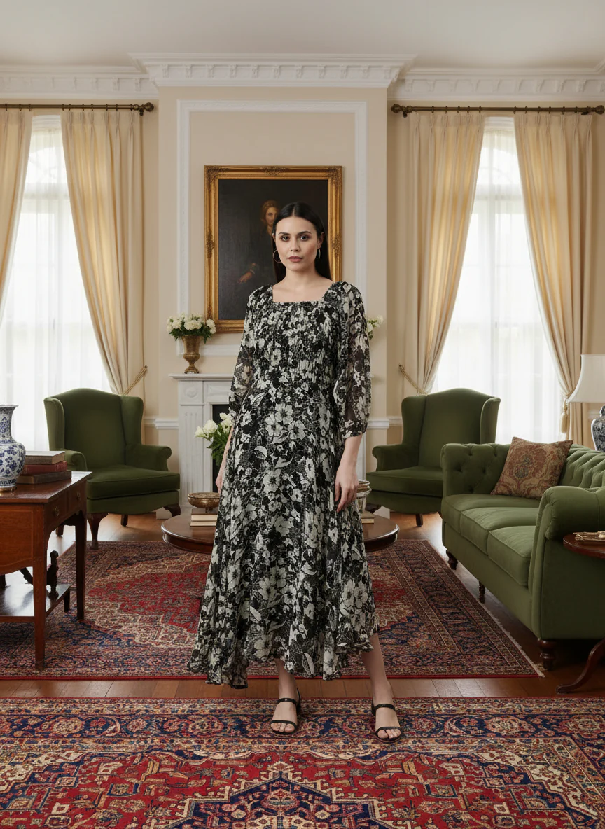 Women Floral Woven Maxi Chiffon Dress - Image 5