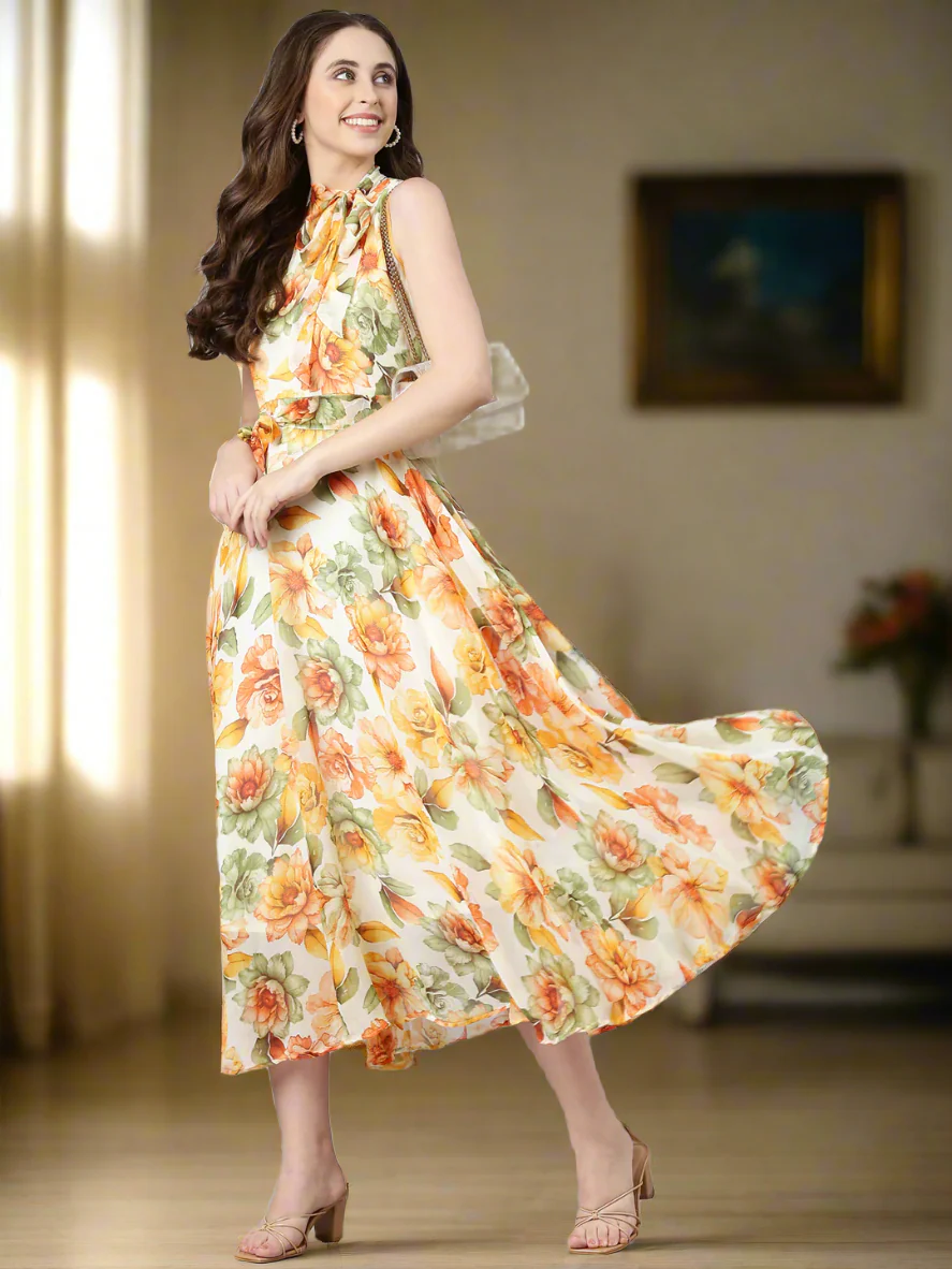 Women Floral Woven Maxi Chiffon Dress - Image 4
