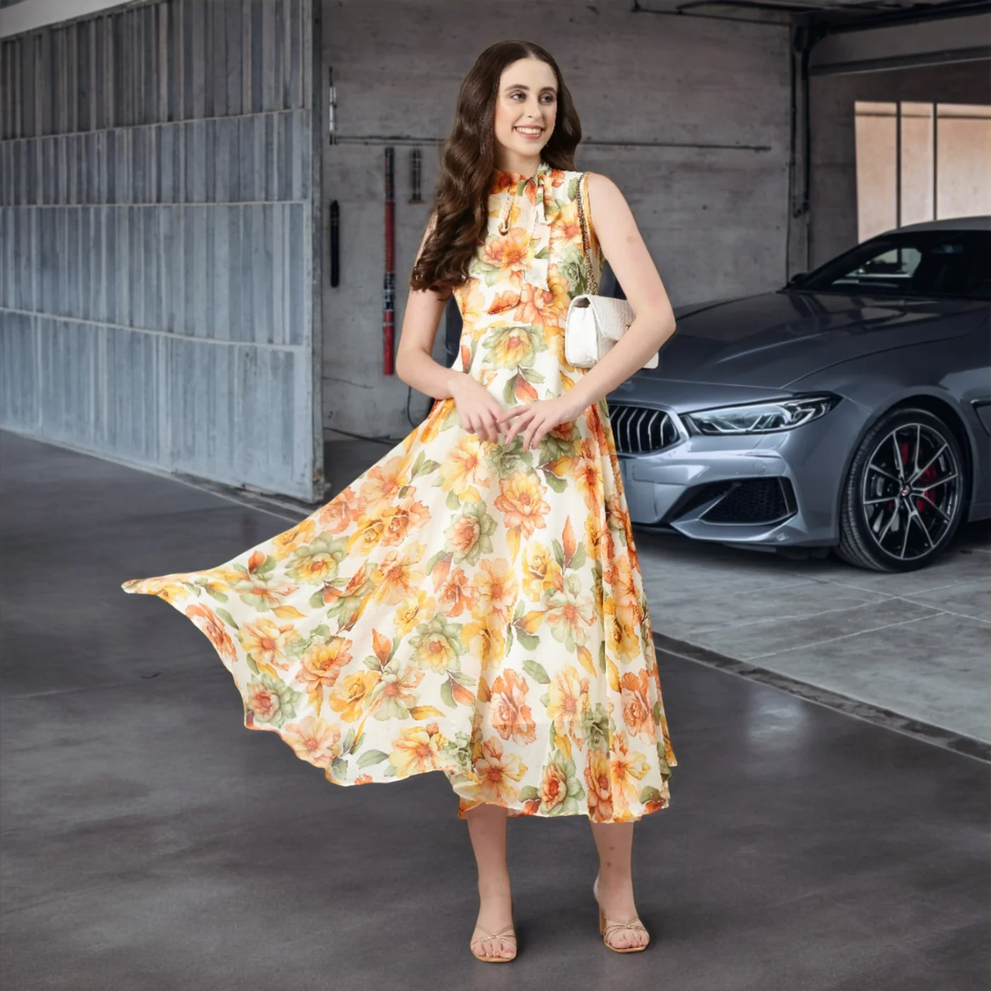 Women Floral Woven Maxi Chiffon Dress - Image 6