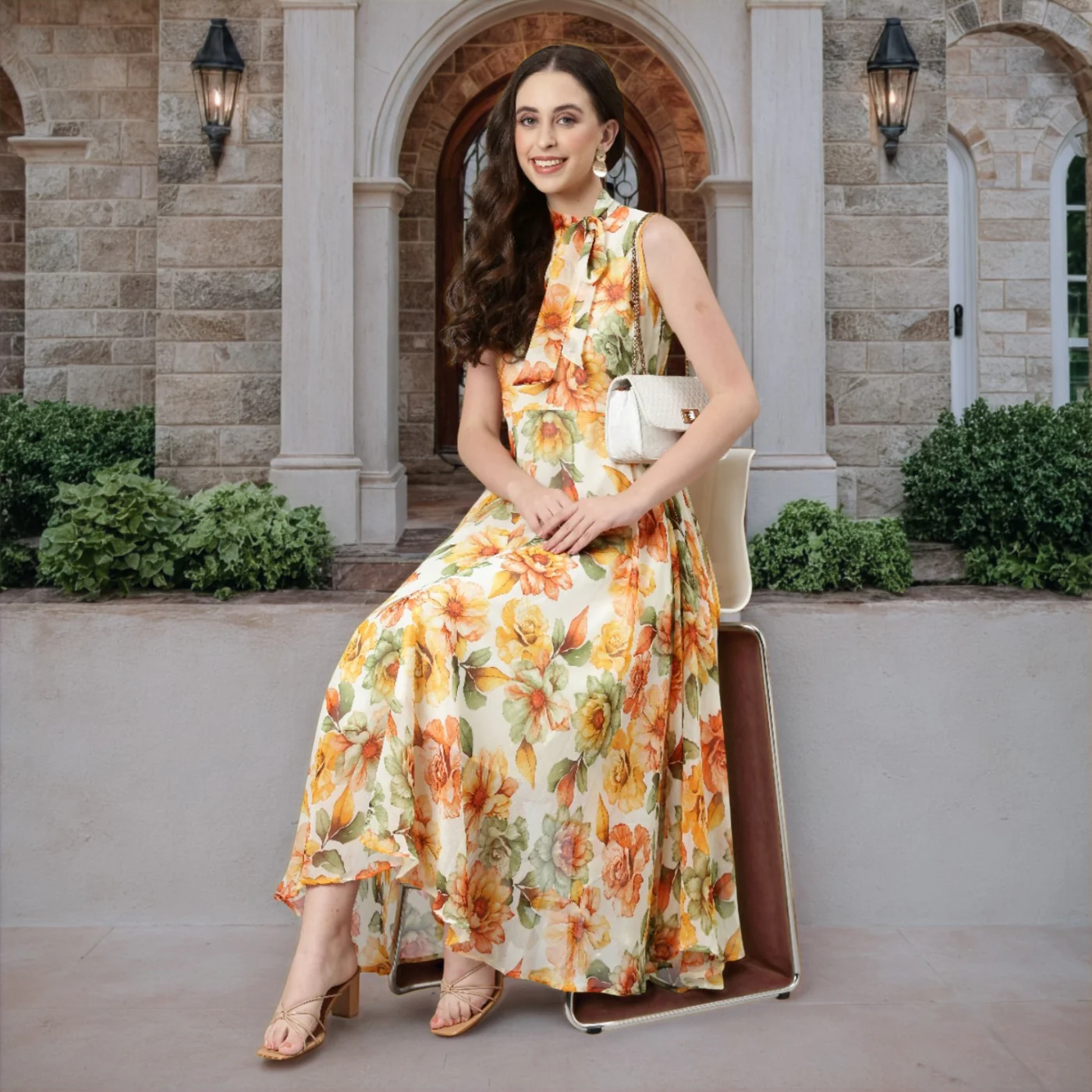 Women Floral Woven Maxi Chiffon Dress - Image 7