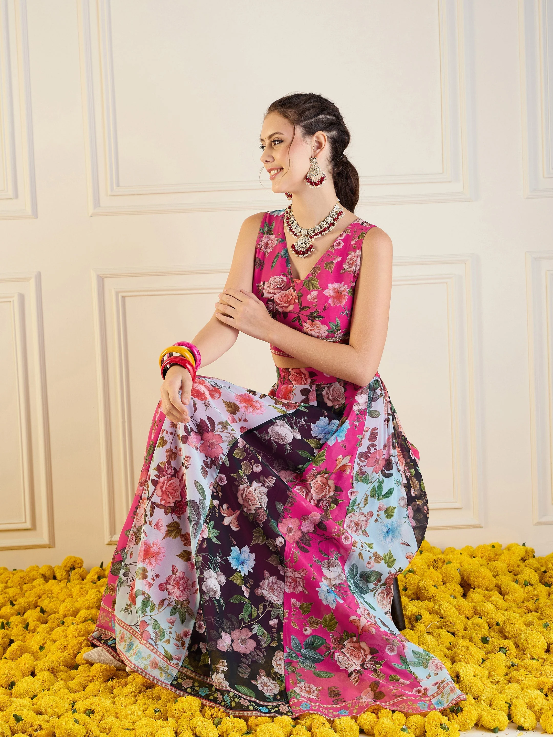 Women Fuchsia & Black Floral Anarkali Skirt With Crop Top - Image 2