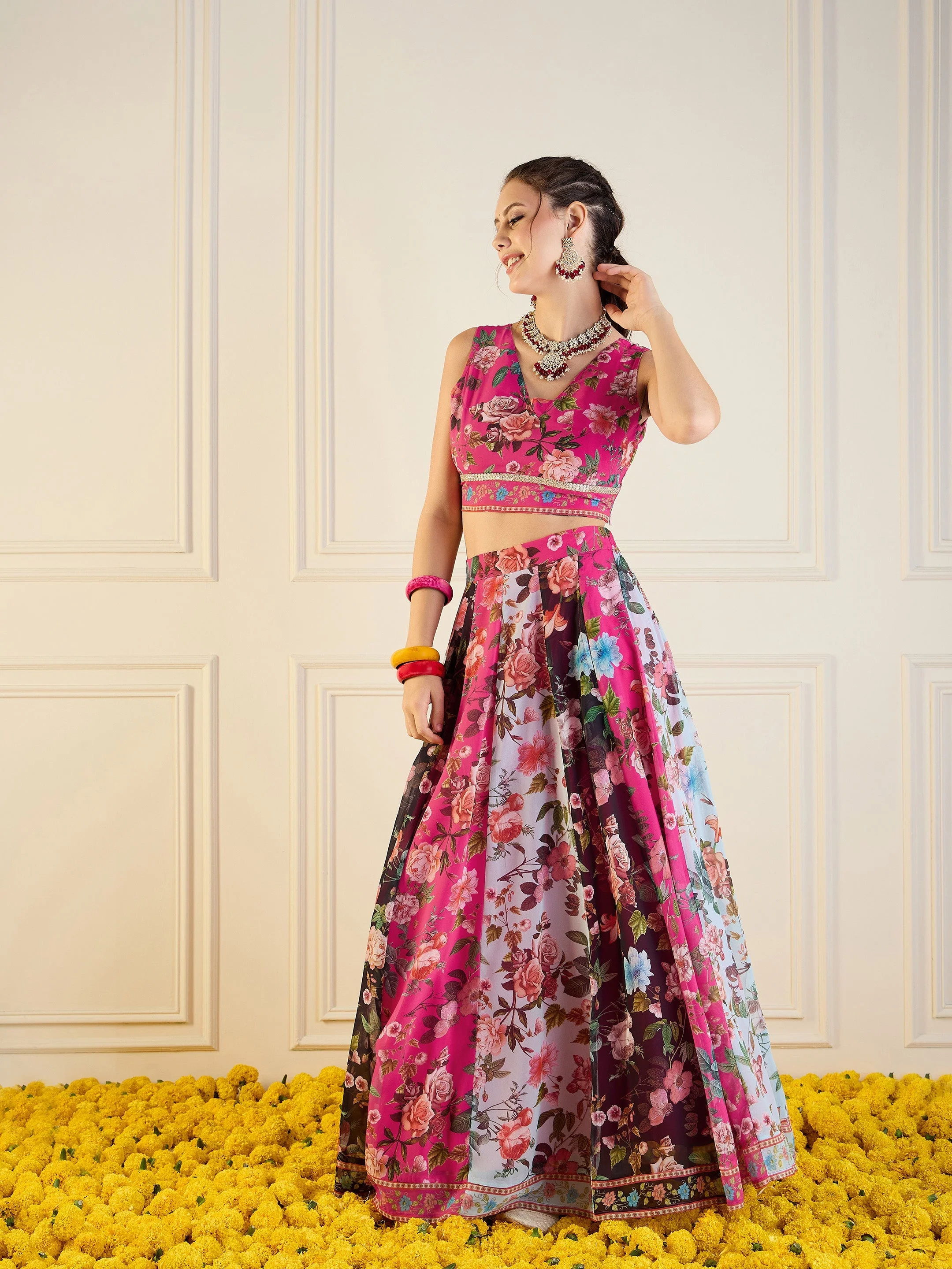 Women Fuchsia & Black Floral Anarkali Skirt With Crop Top - Image 3