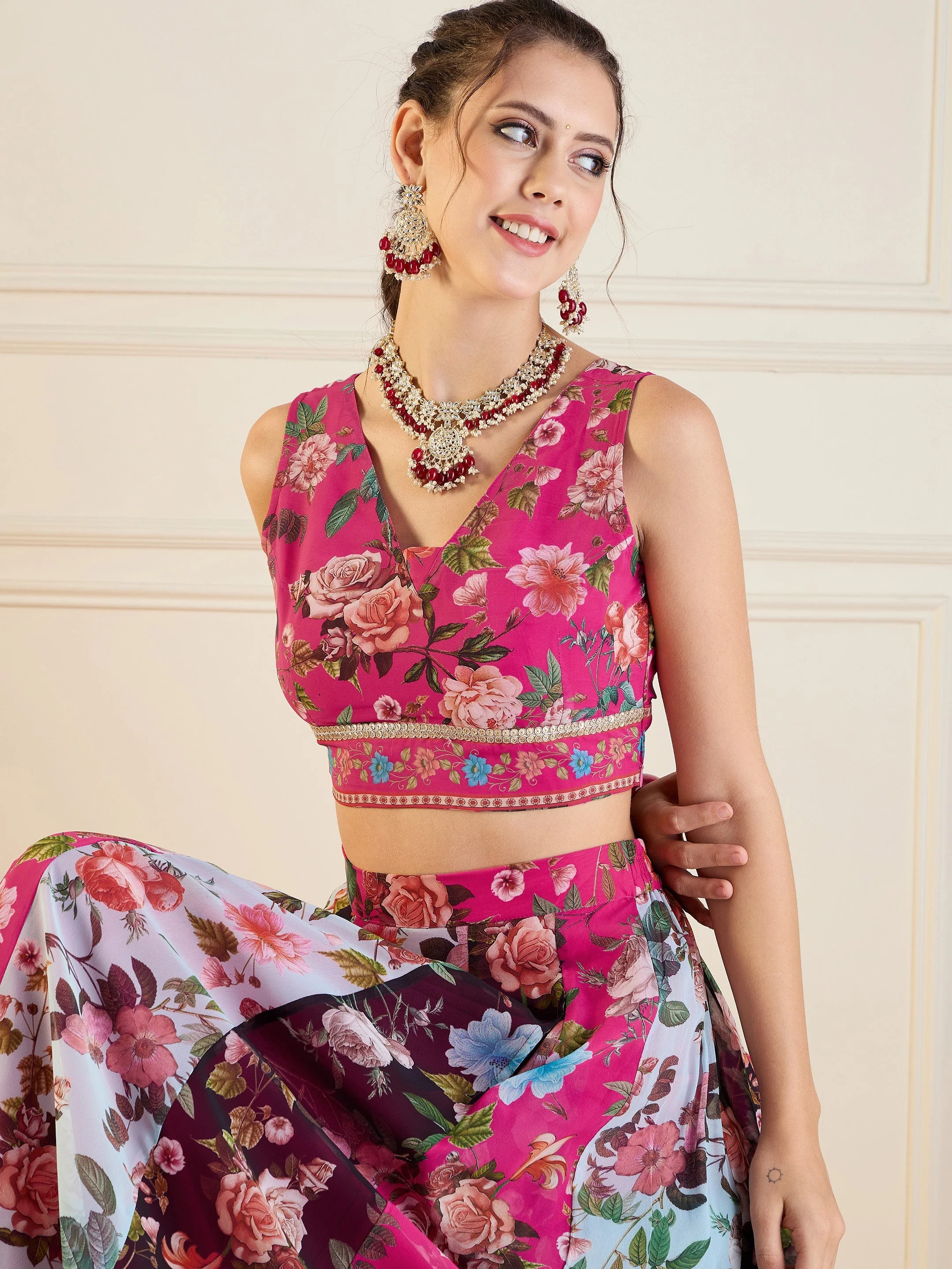 Women Fuchsia & Black Floral Anarkali Skirt With Crop Top - Image 4