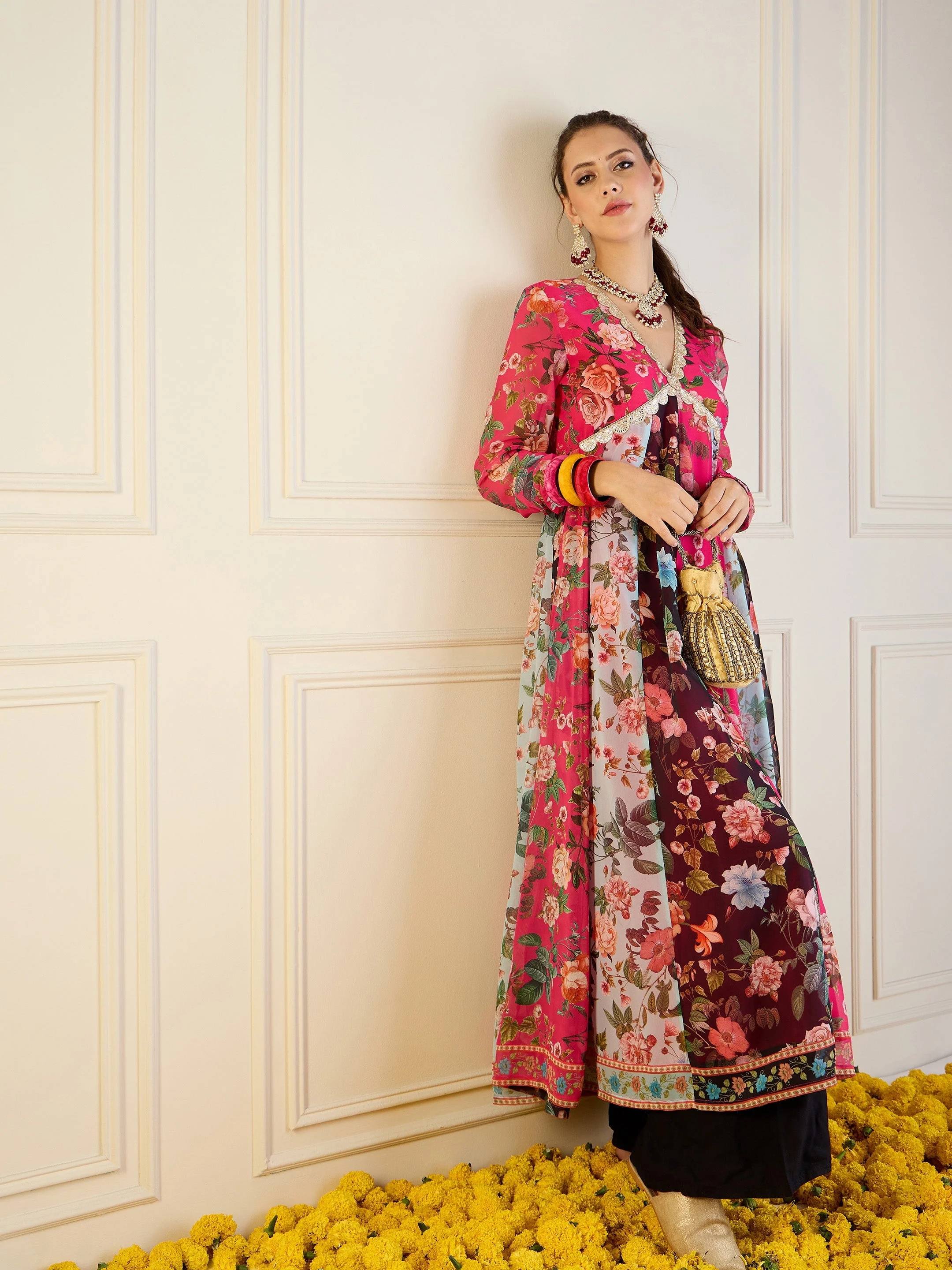 Women Fuchsia & Black Floral Long Anarkali Kurta - Image 2