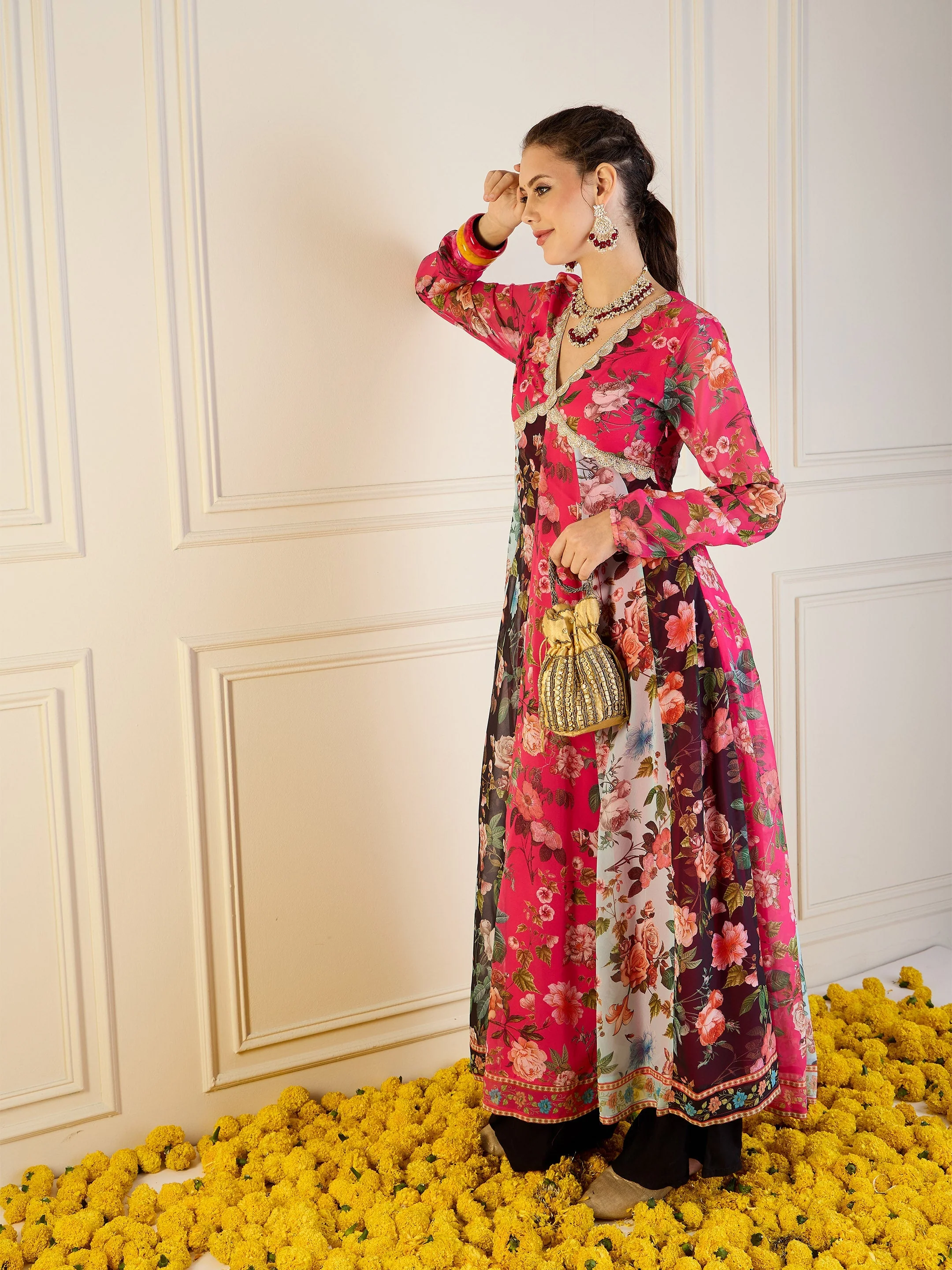 Women Fuchsia & Black Floral Long Anarkali Kurta - Image 3