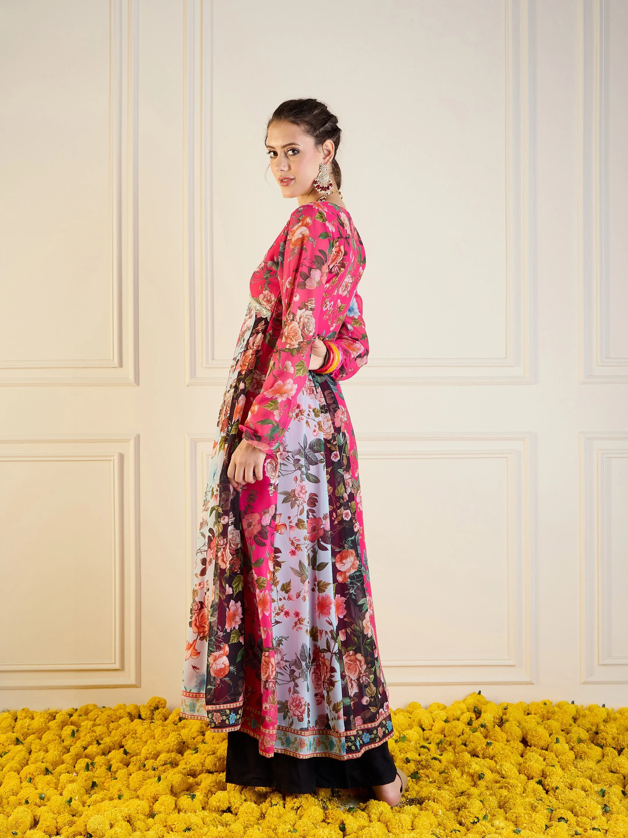 Women Fuchsia & Black Floral Long Anarkali Kurta - Image 5