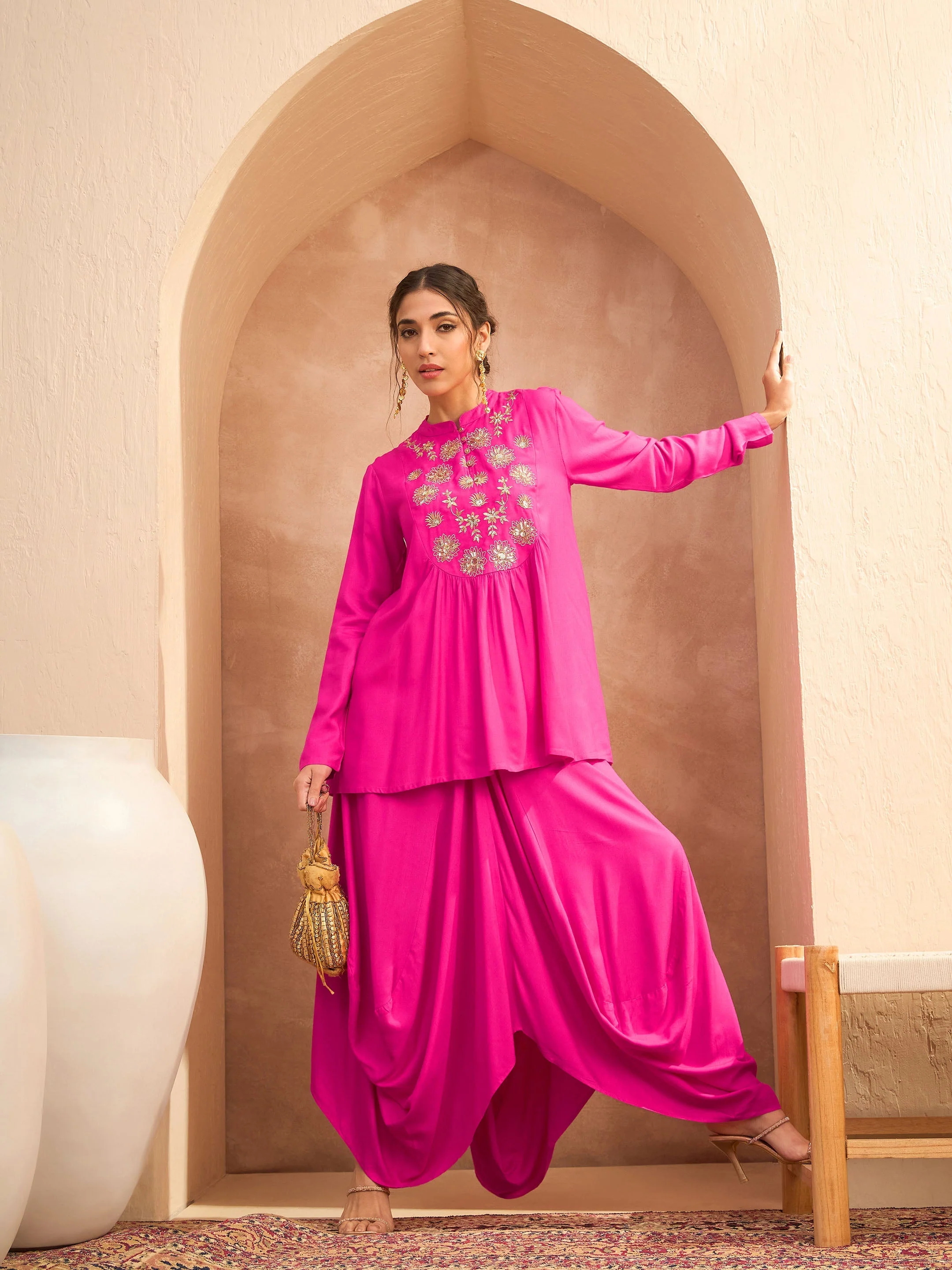 Women Fuchsia Embroidered Peplum Top With Dhoti Skirt - Image 2