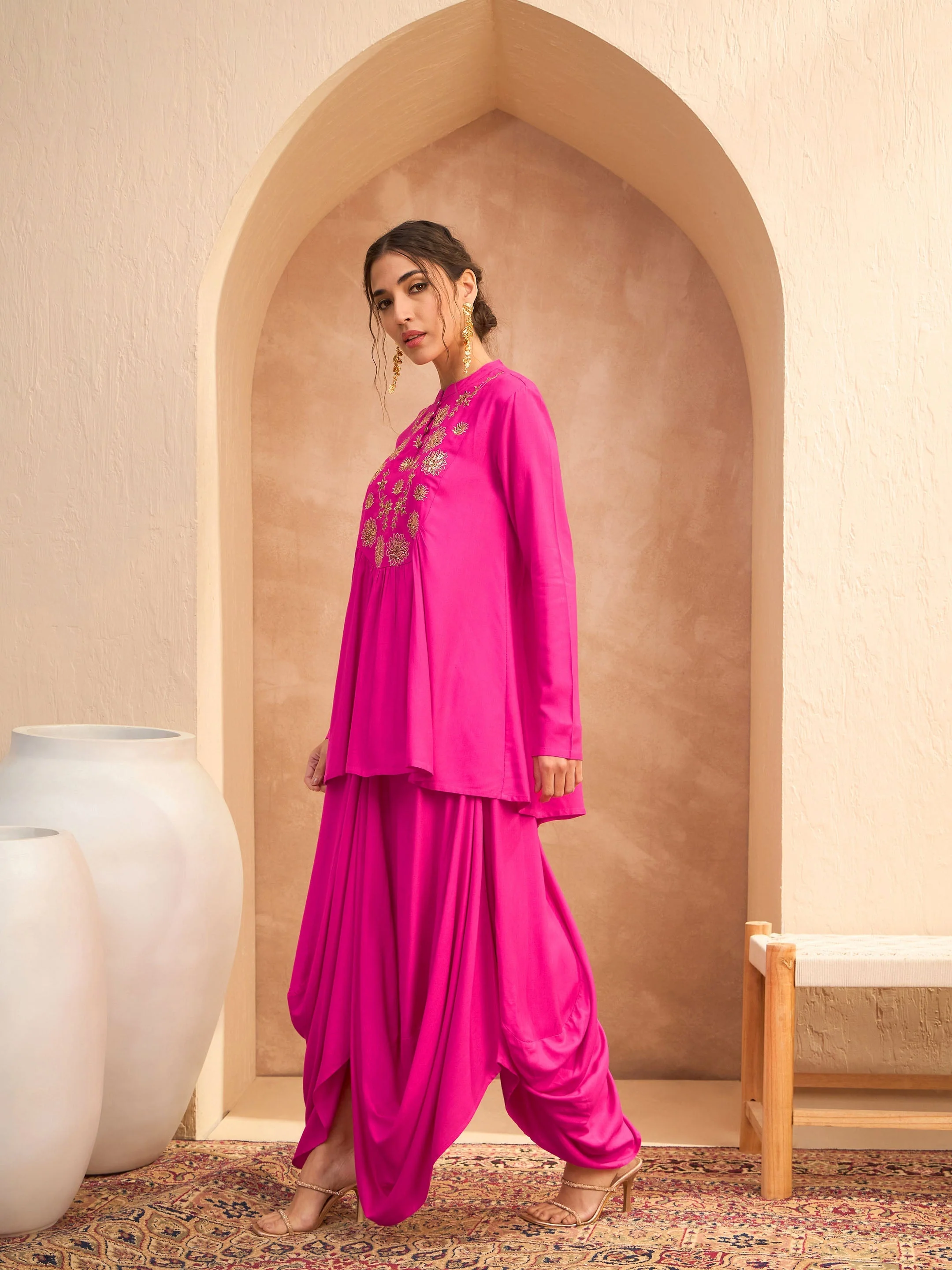 Women Fuchsia Embroidered Peplum Top With Dhoti Skirt - Image 3