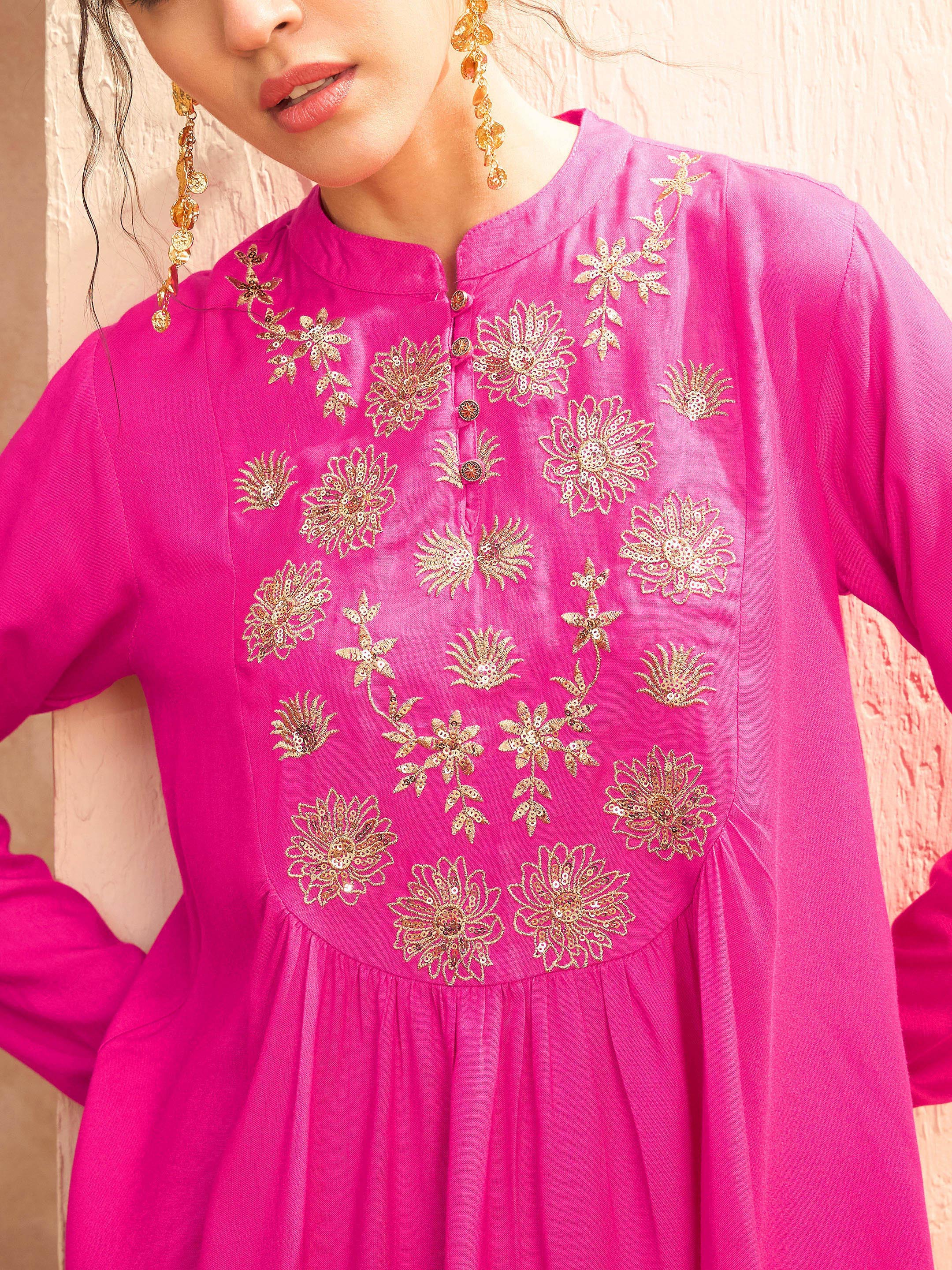 Women Fuchsia Embroidered Peplum Top With Dhoti Skirt - Image 4