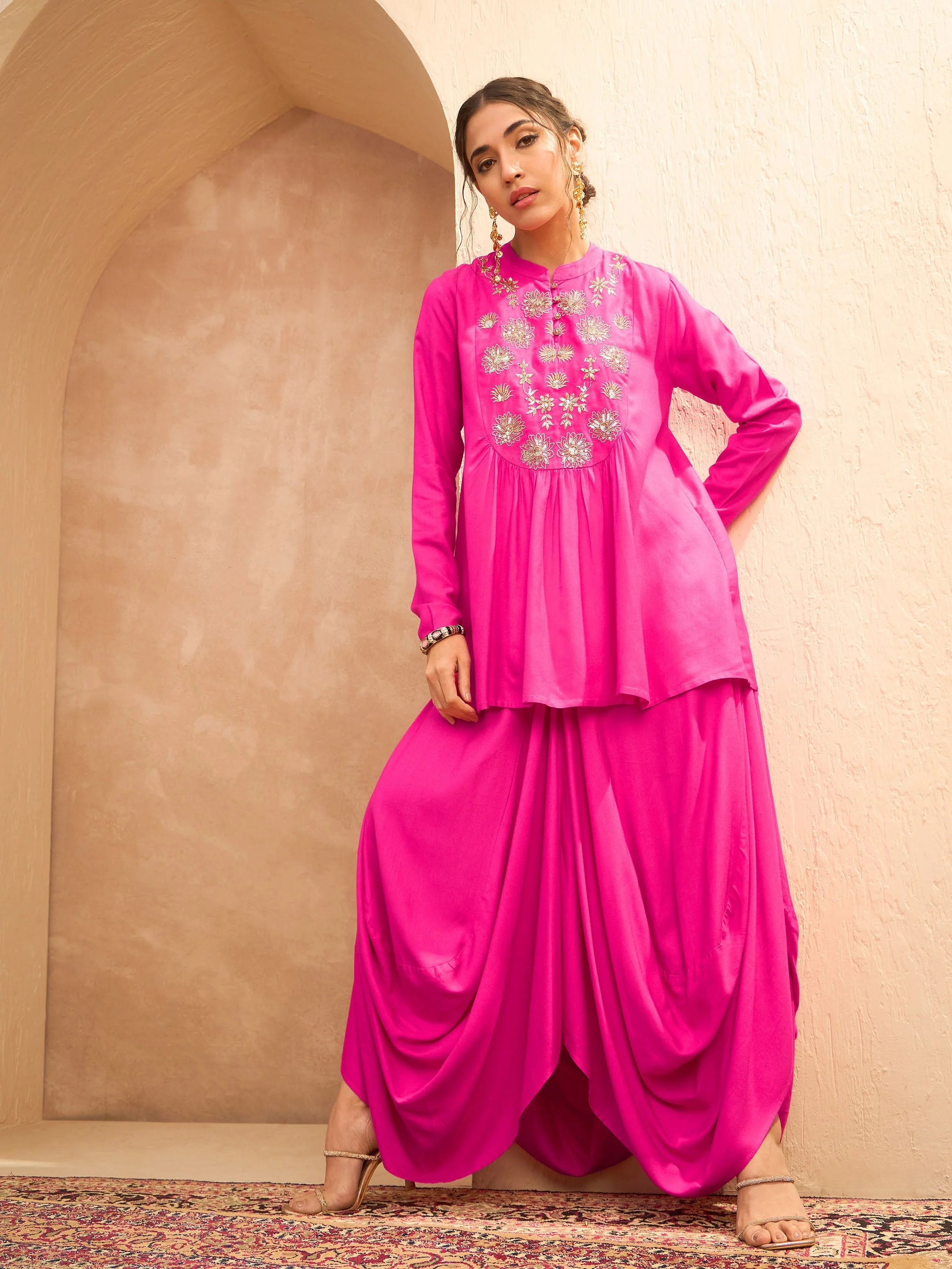 Women Fuchsia Embroidered Peplum Top With Dhoti Skirt - Image 5