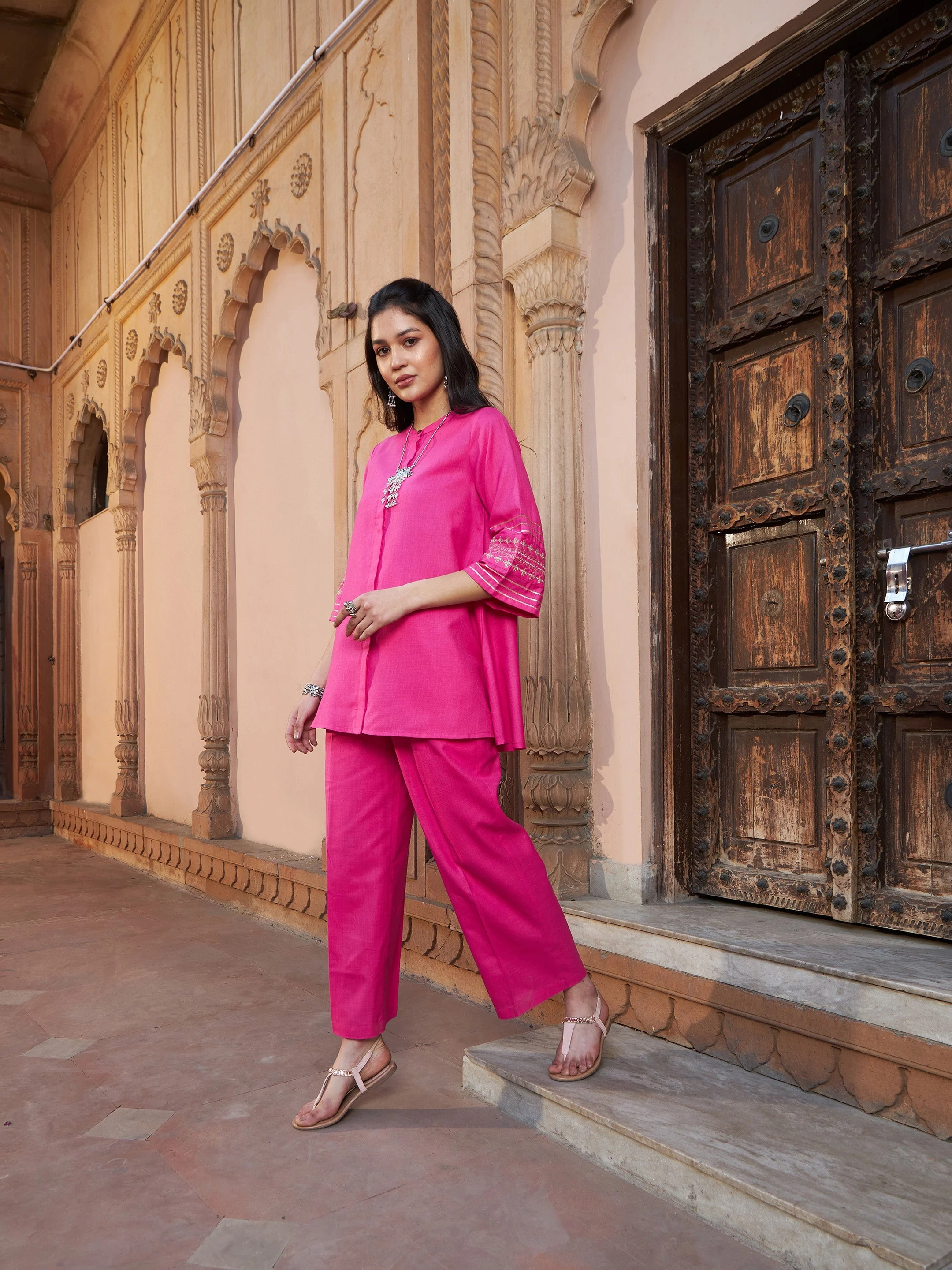 Women Fuchsia Embroidered Sleeve Shirt Kurti With Palazzos - Image 2