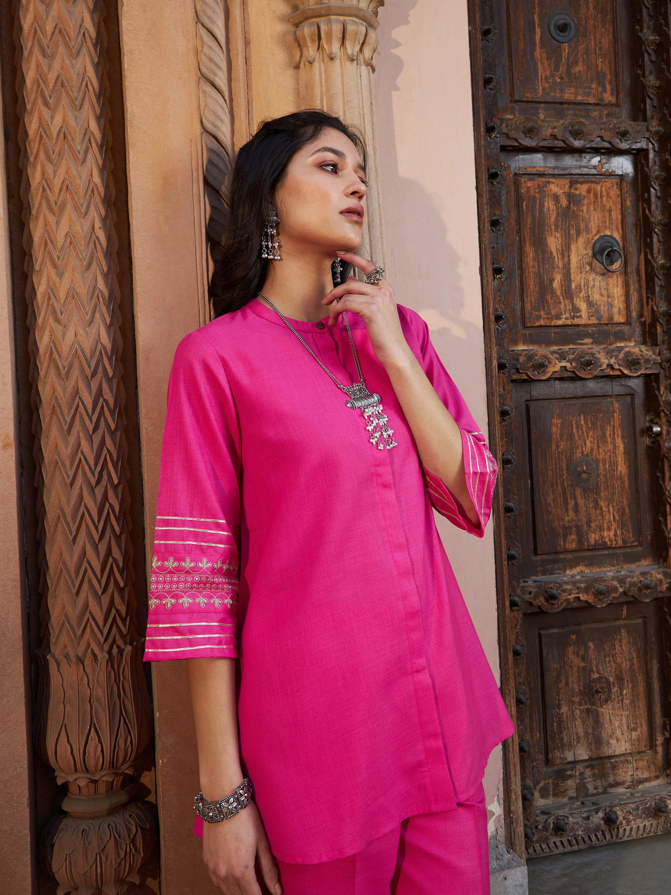 Women Fuchsia Embroidered Sleeve Shirt Kurti With Palazzos - Image 3