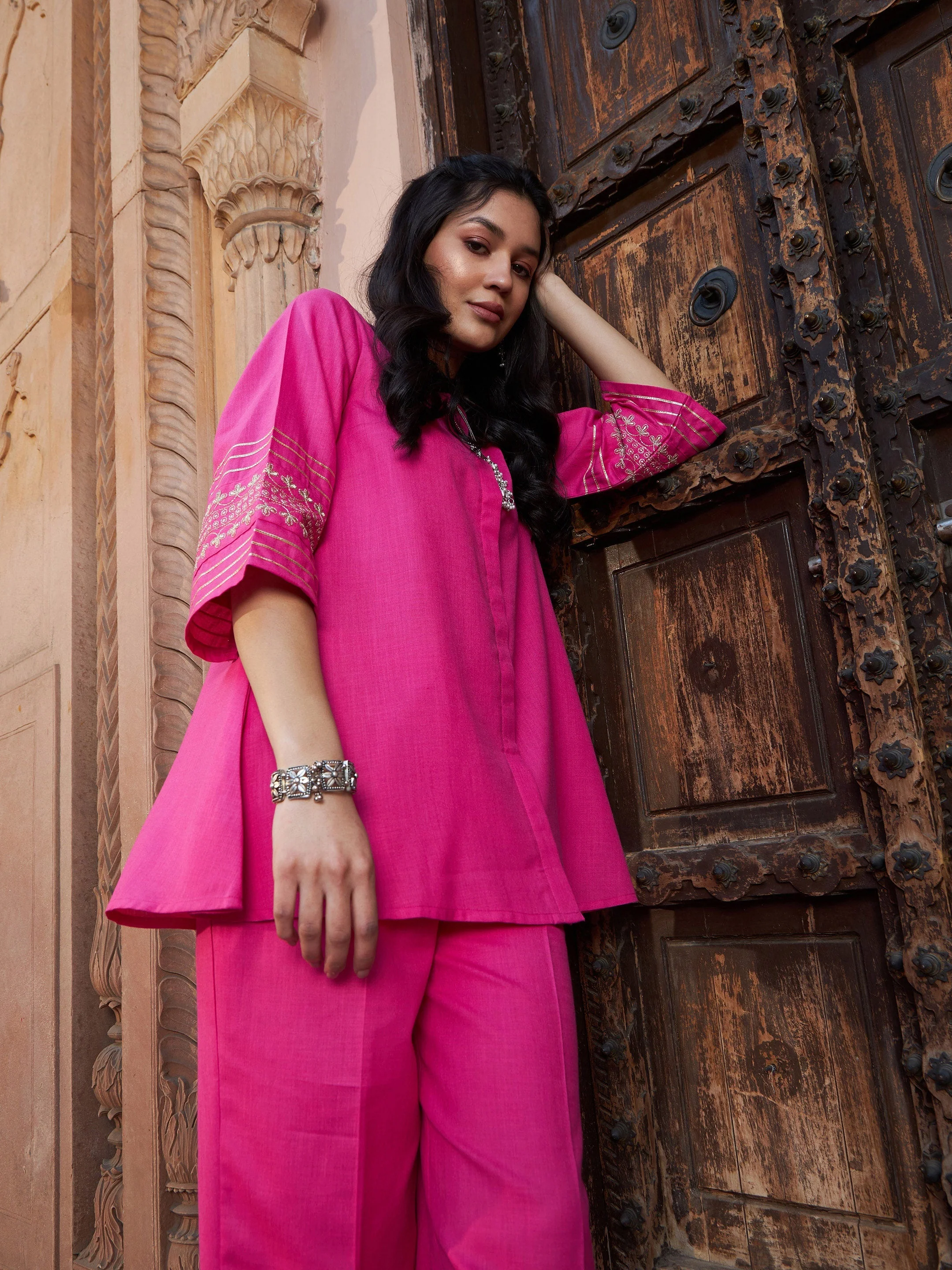 Women Fuchsia Embroidered Sleeve Shirt Kurti With Palazzos - Image 6