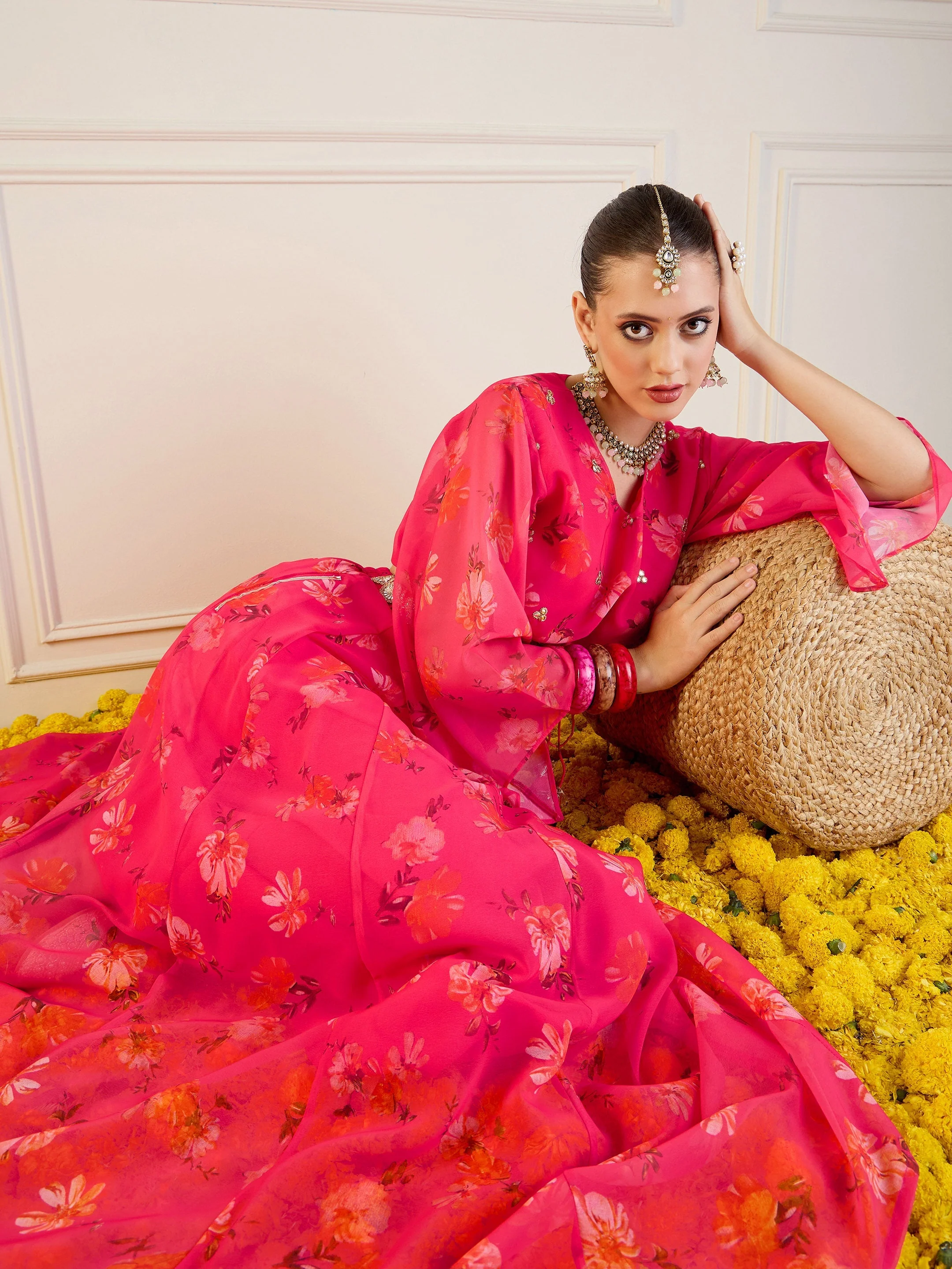 Women Fuchsia Floral Anarkali Skirt With Front Dori Crop Top - Image 2