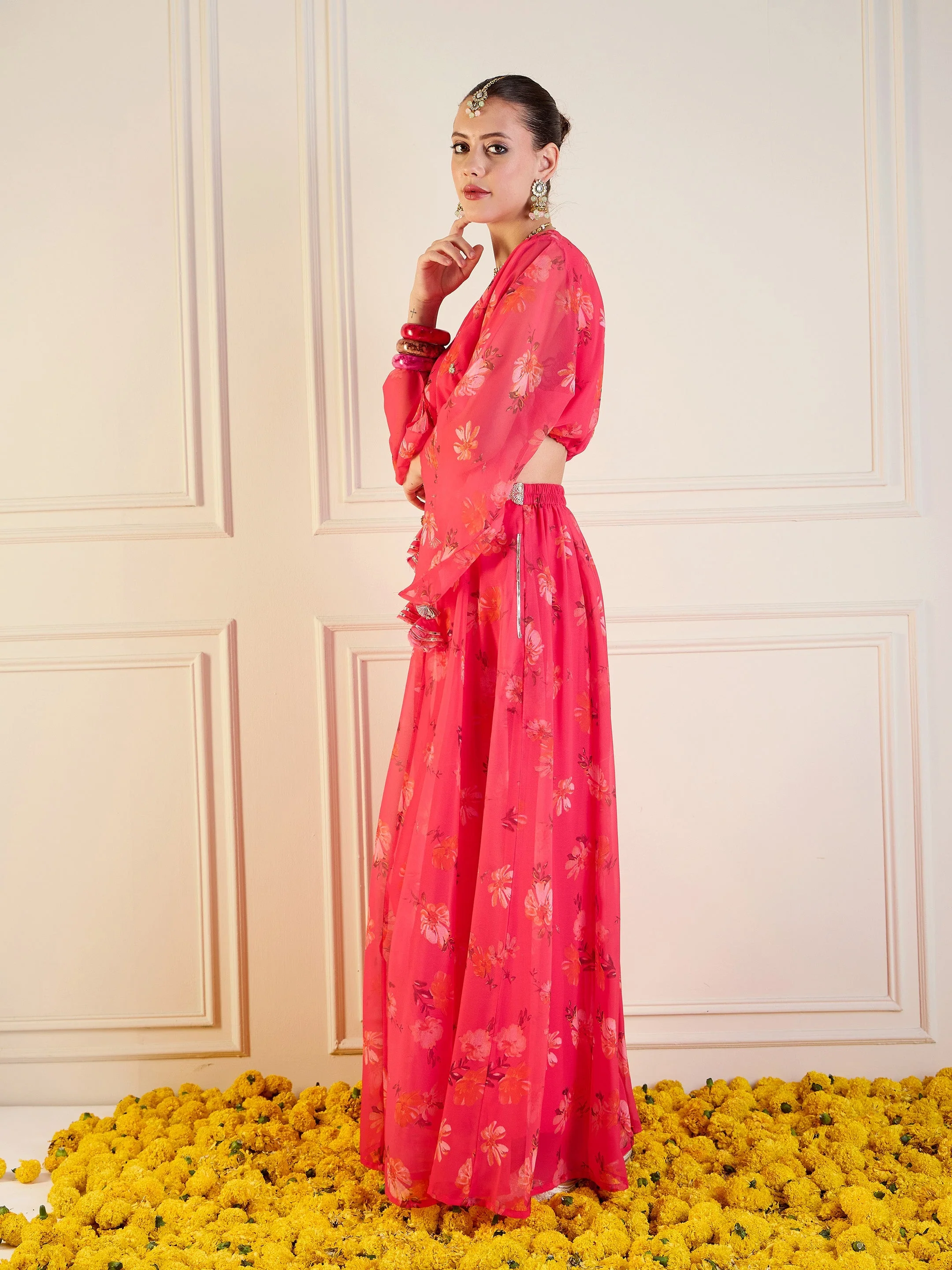 Women Fuchsia Floral Anarkali Skirt With Front Dori Crop Top - Image 3