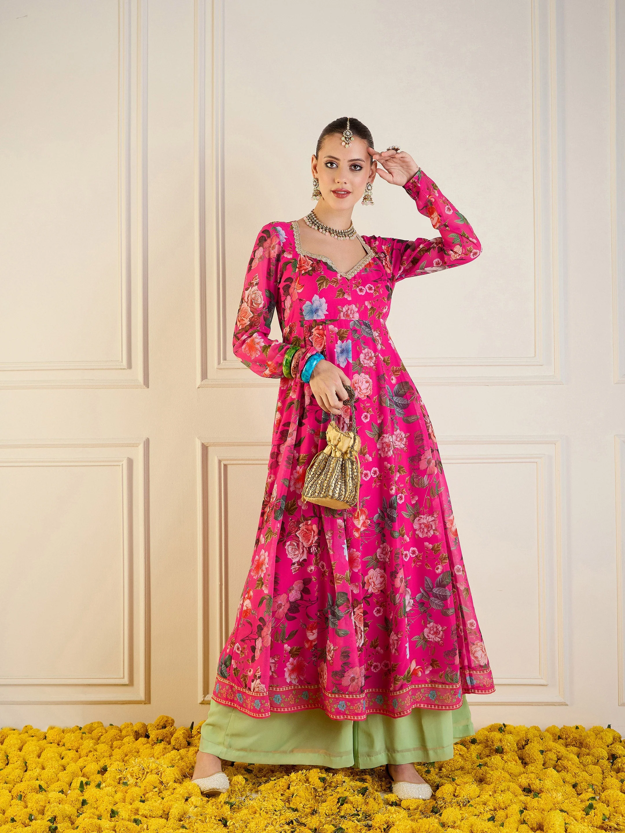 Women Fuchsia Floral Long Anarkali Kurta - Image 2