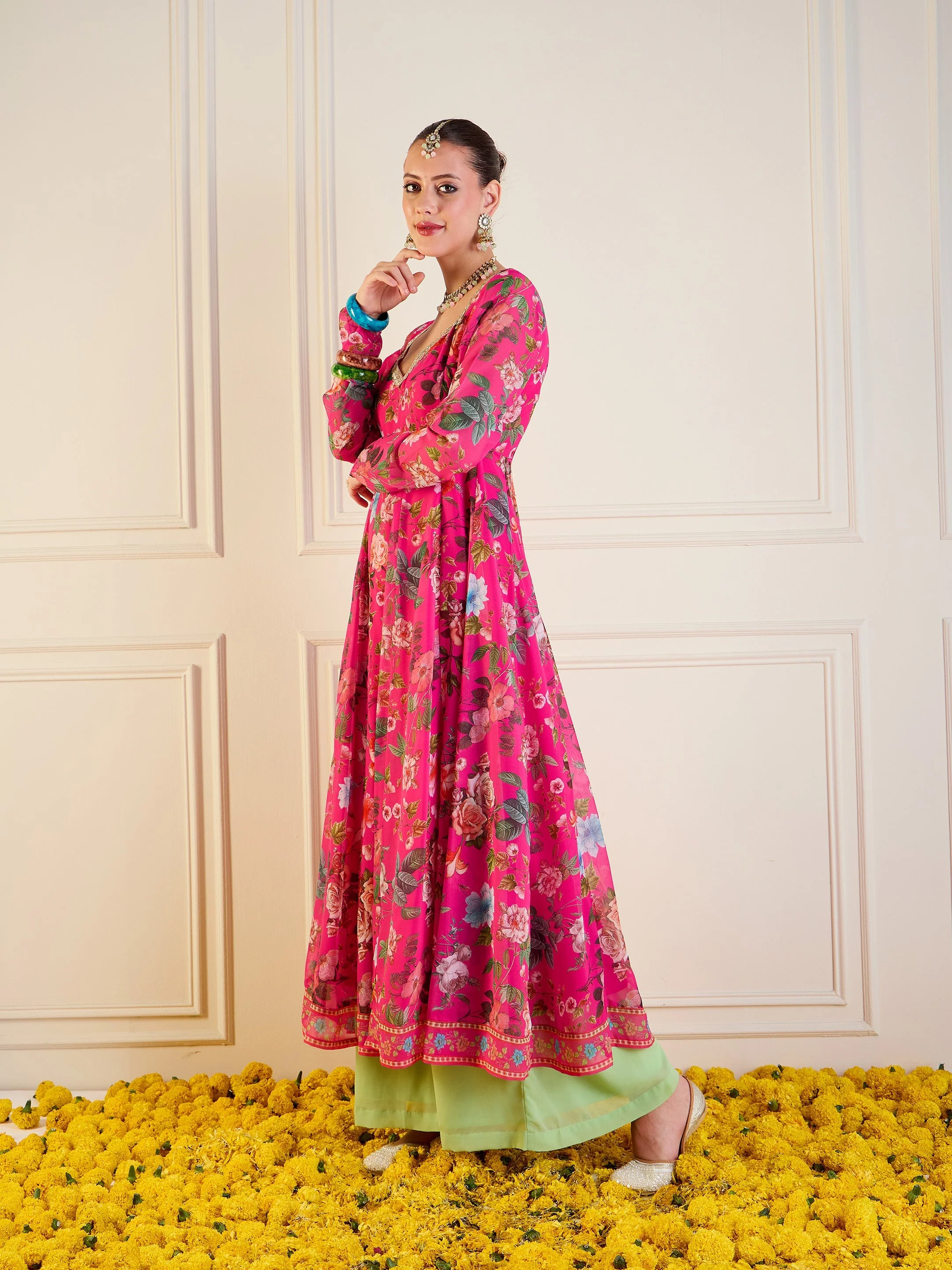 Women Fuchsia Floral Long Anarkali Kurta - Image 3