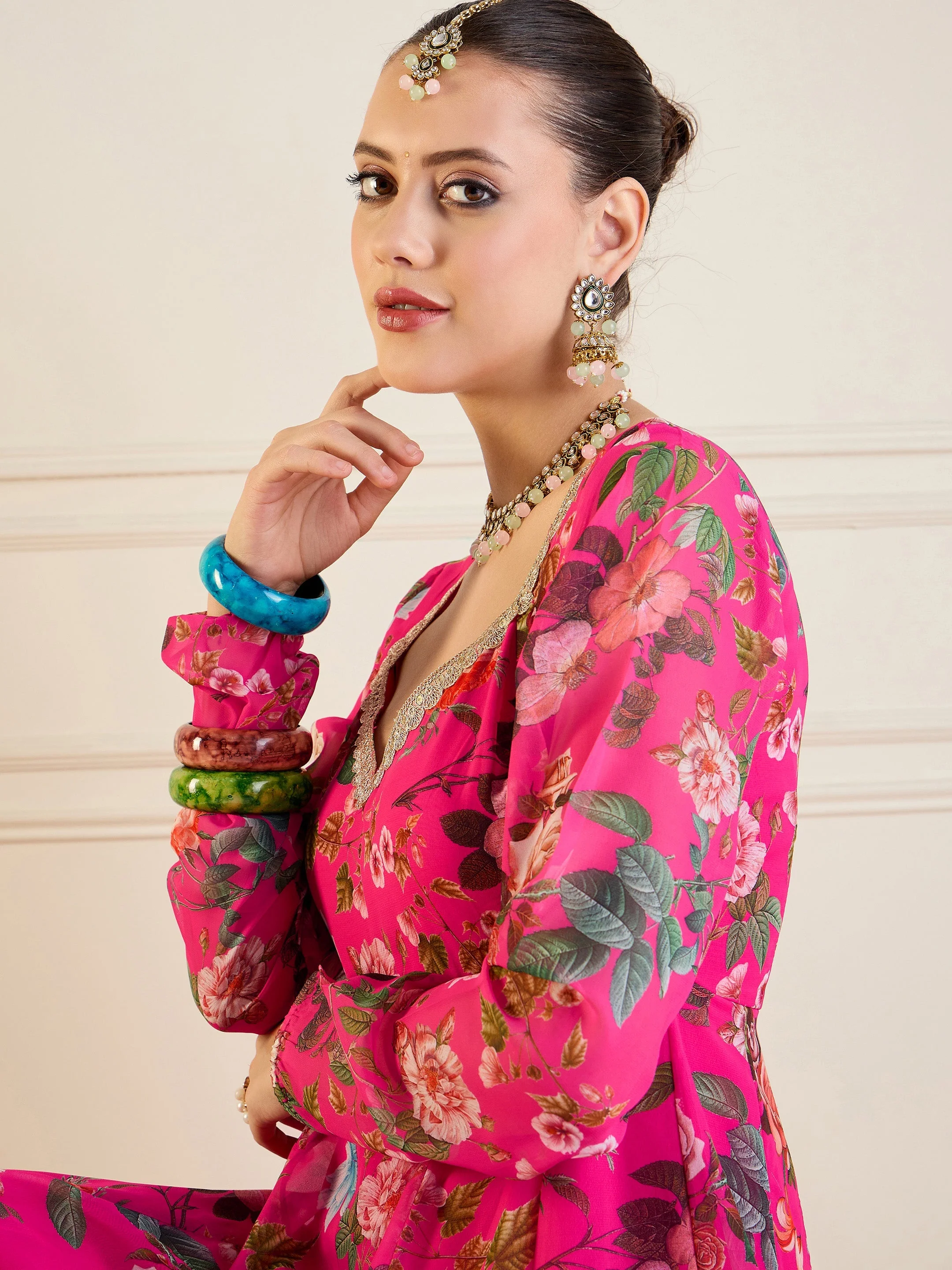 Women Fuchsia Floral Long Anarkali Kurta - Image 4