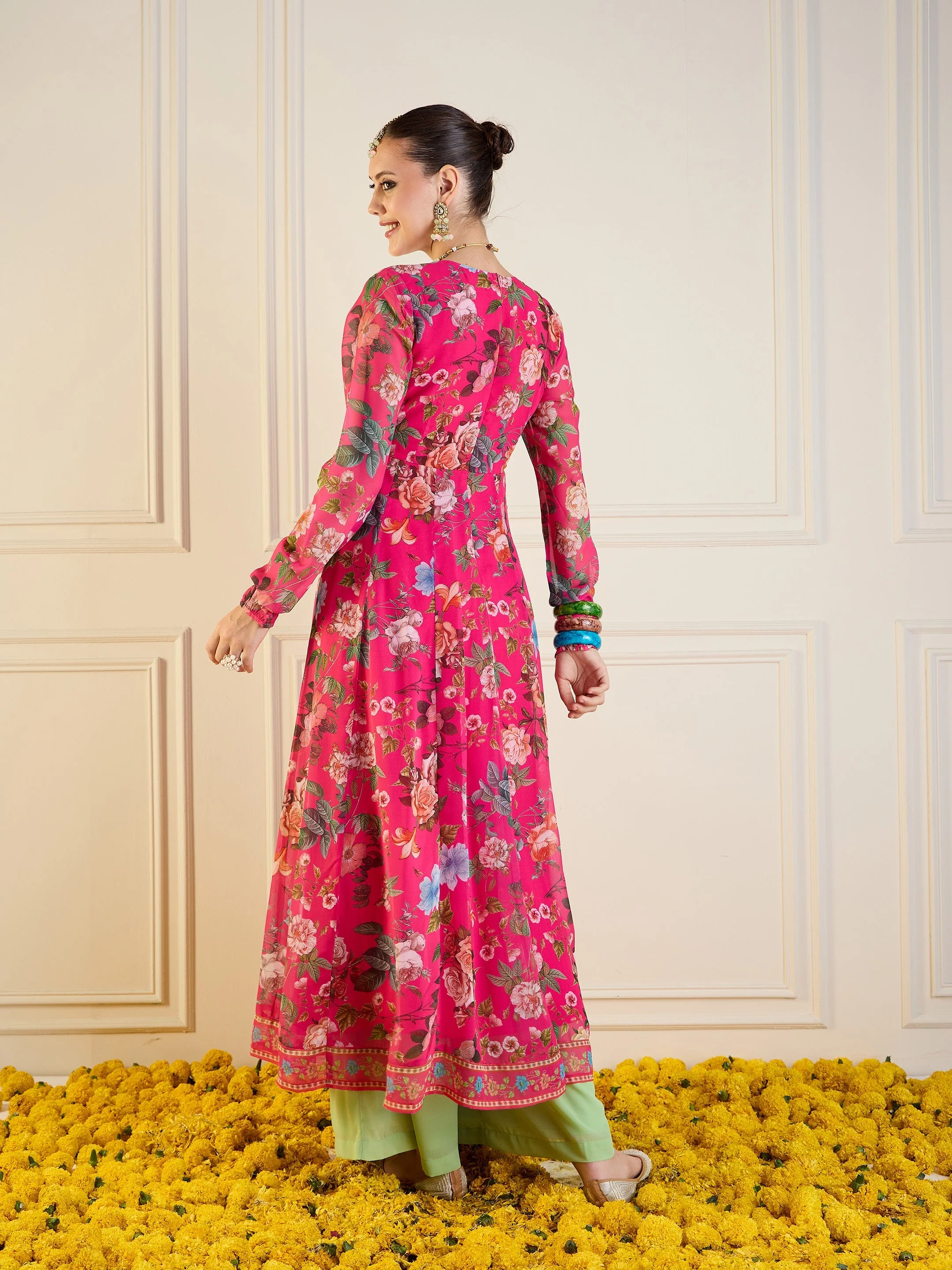 Women Fuchsia Floral Long Anarkali Kurta - Image 5