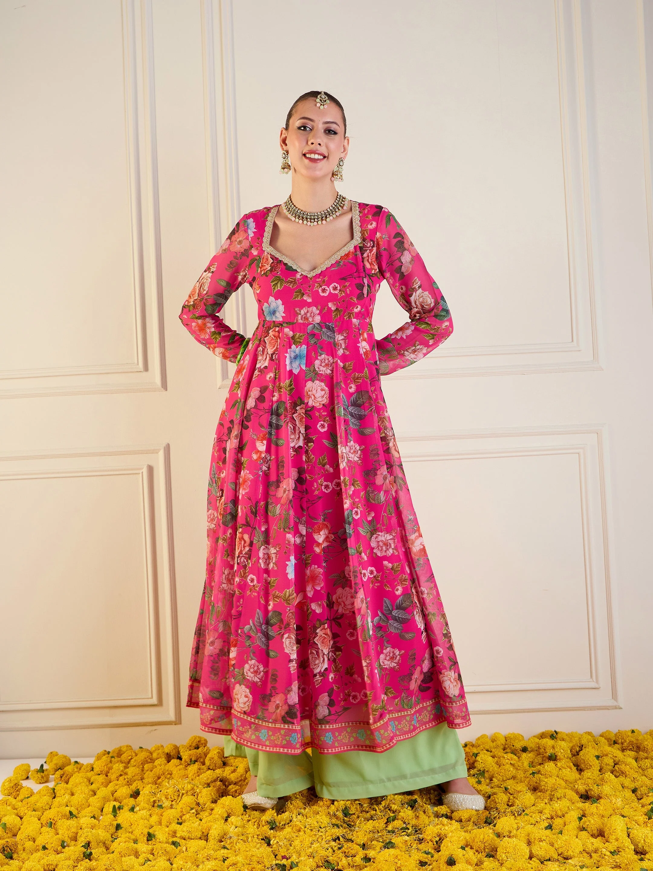 Women Fuchsia Floral Long Anarkali Kurta - Image 6
